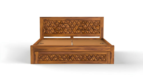 Bed Pyramid – Solid Sheesham Wood Bed with Pyramid Carved Headboard