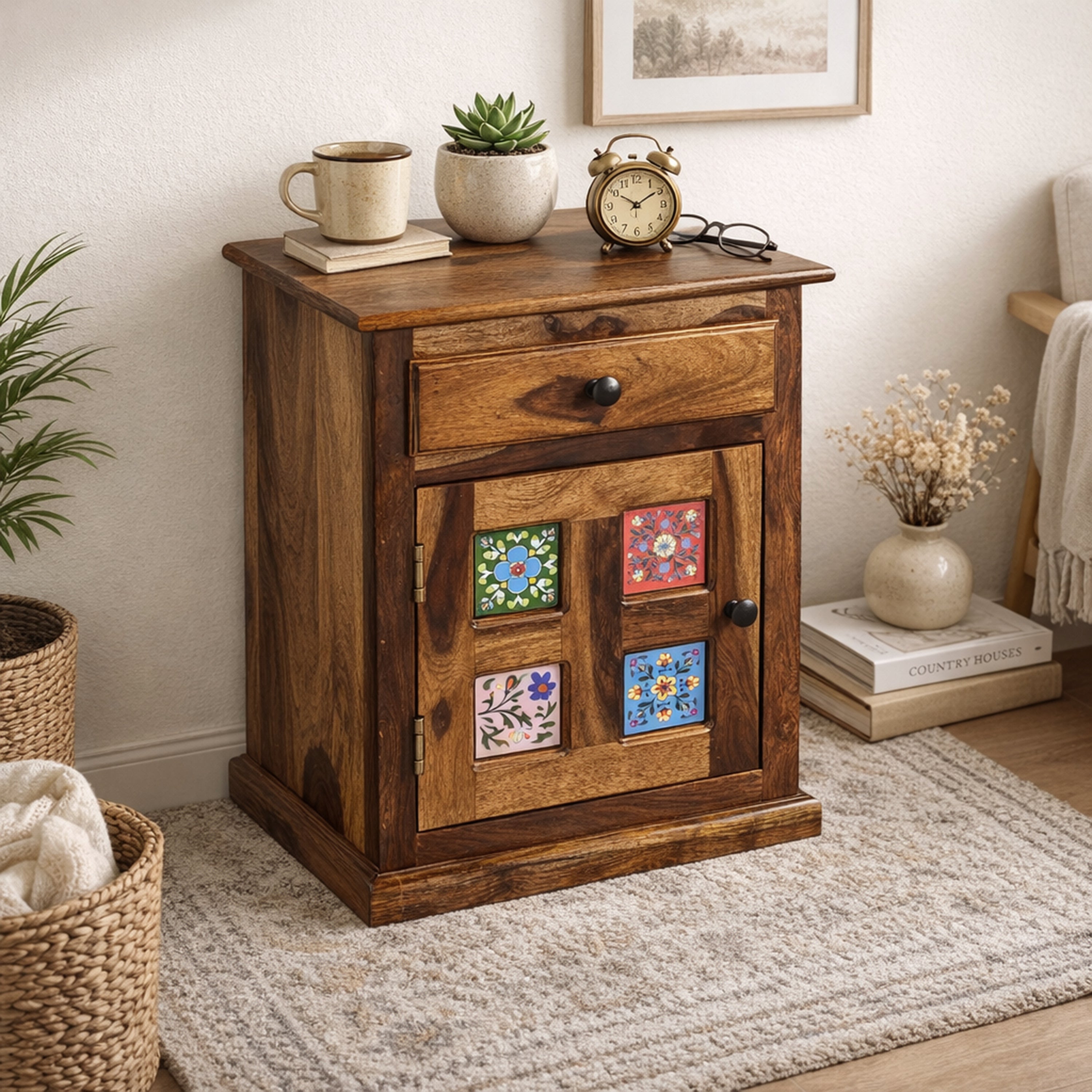 Sheesham Ceramic Bedside Cabinet