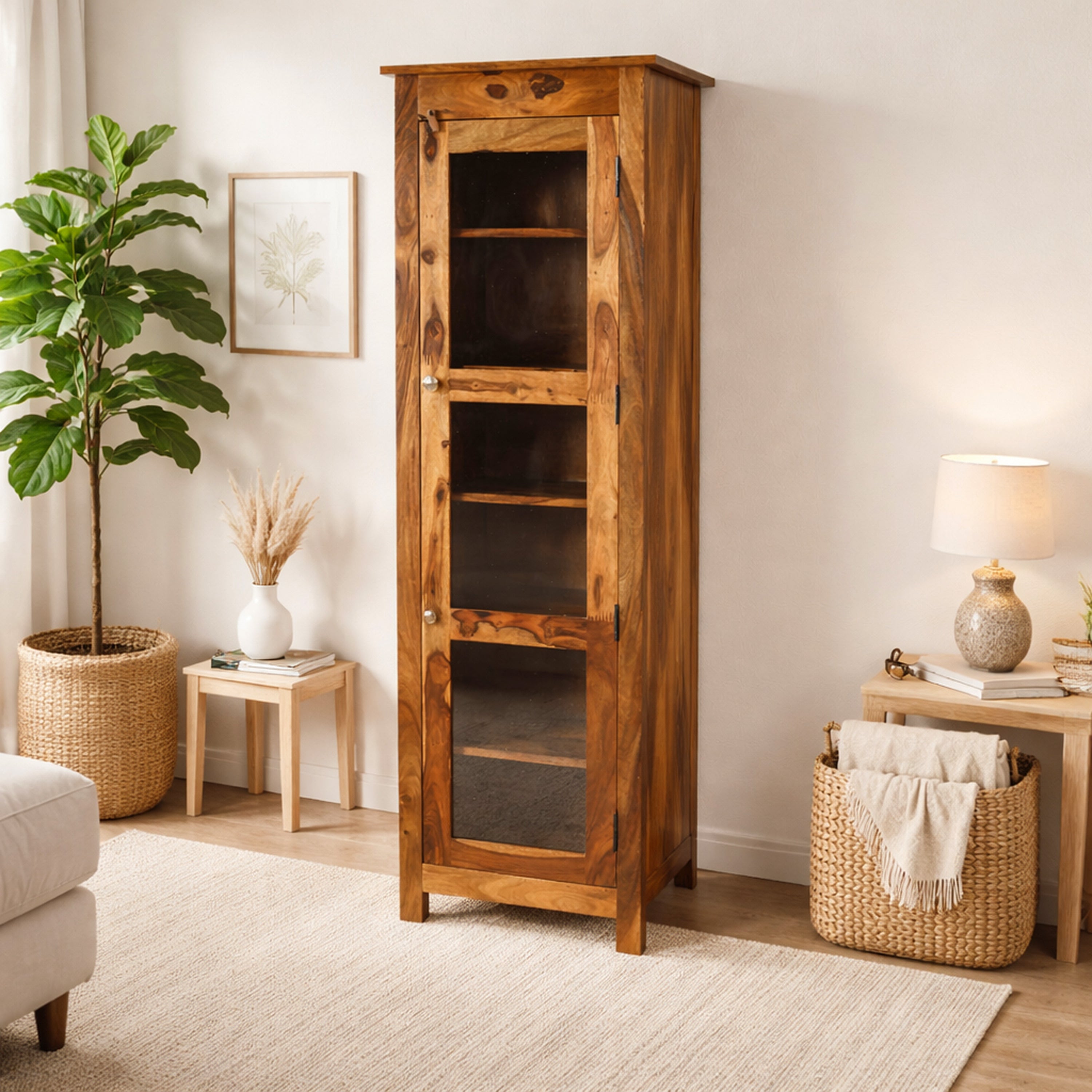Prima Sheesham Wood Glass Door Crocket cabinet