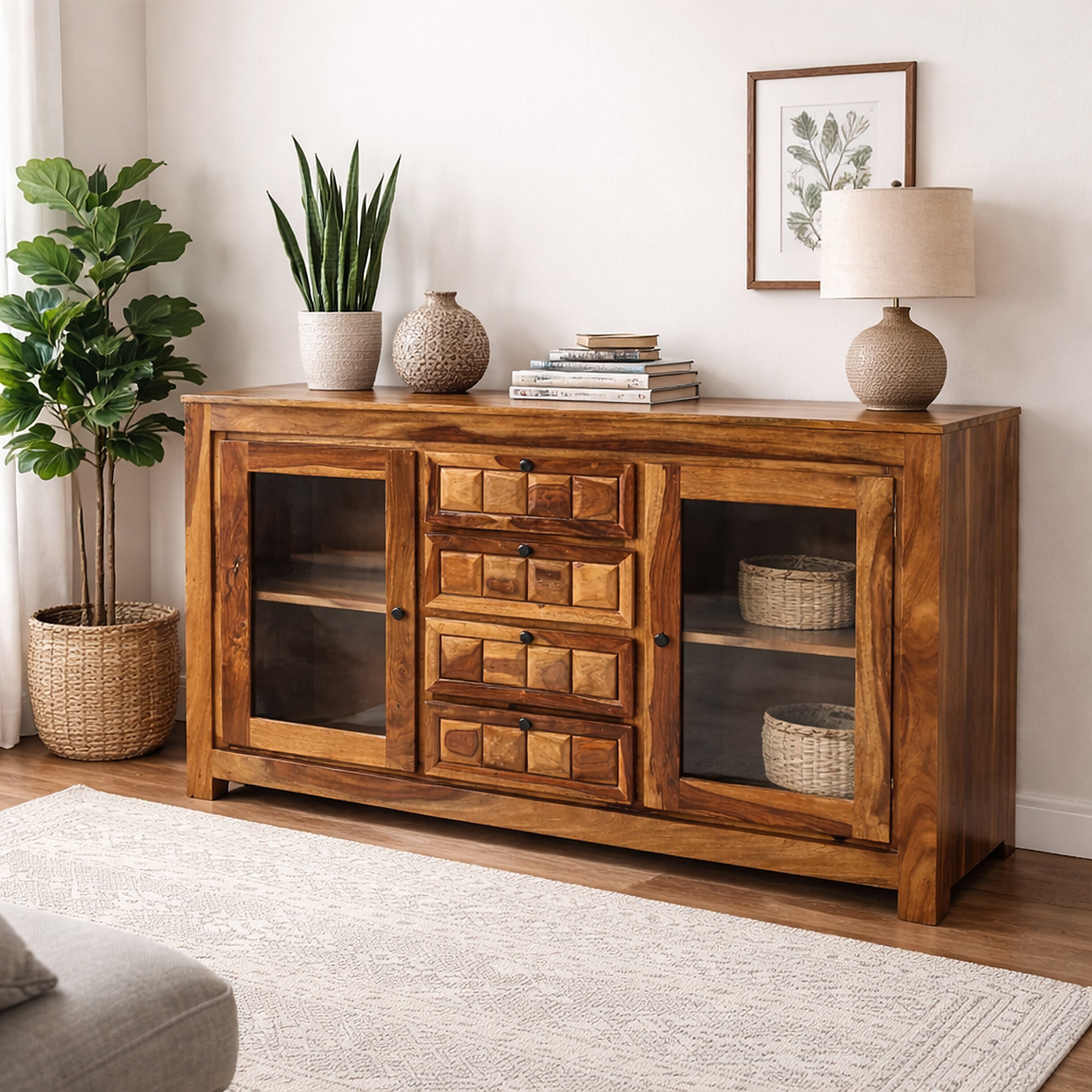 Tile Glass Sheesham Wood Glass Sideboard with wooden tile fitted drawers and 2 glass doors