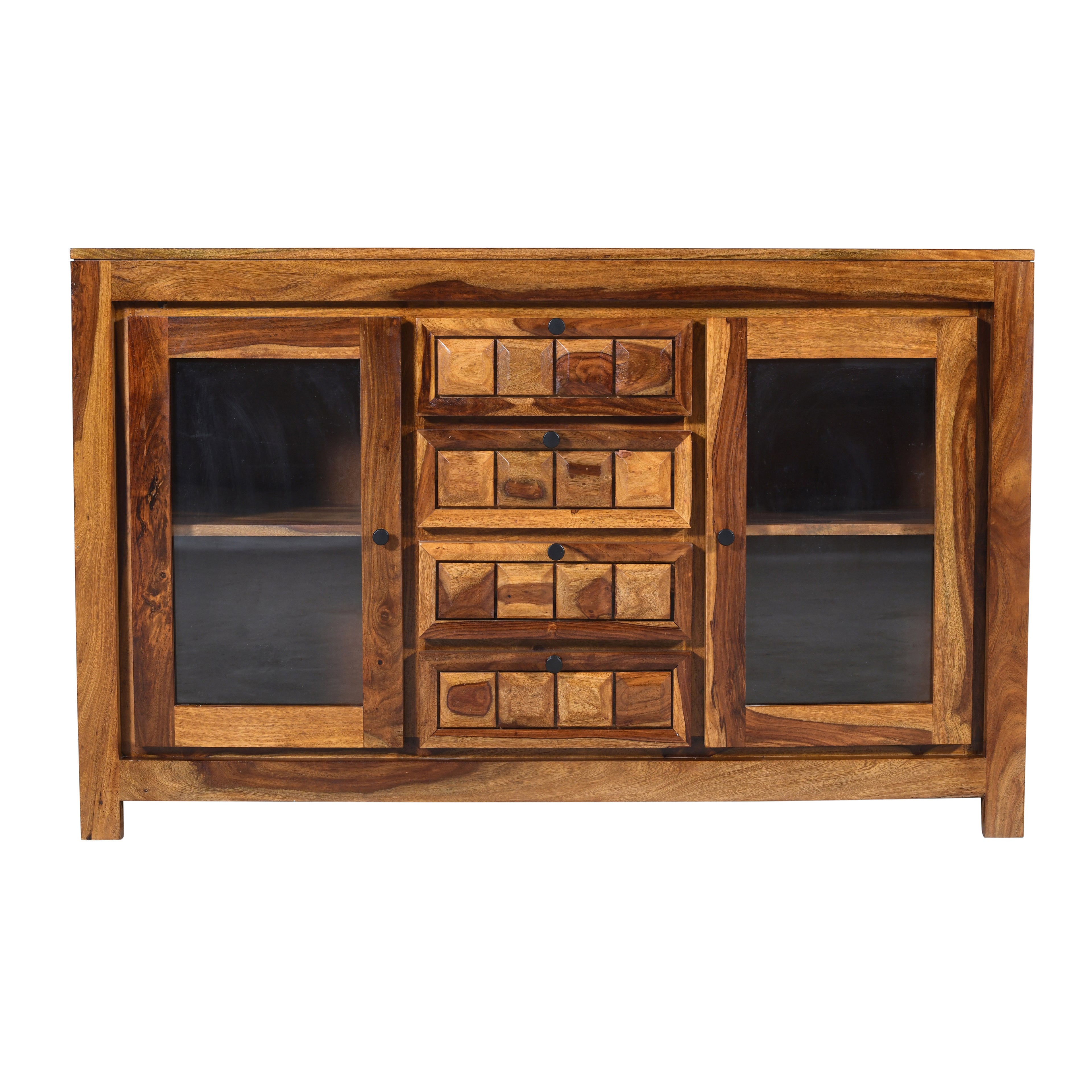 Tile Glass Sheesham Wood Glass Sideboard with wooden tile fitted drawers and 2 glass doors