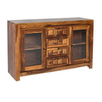 Tile Glass Sheesham Wood Glass Sideboard with wooden tile fitted drawers and 2 glass doors