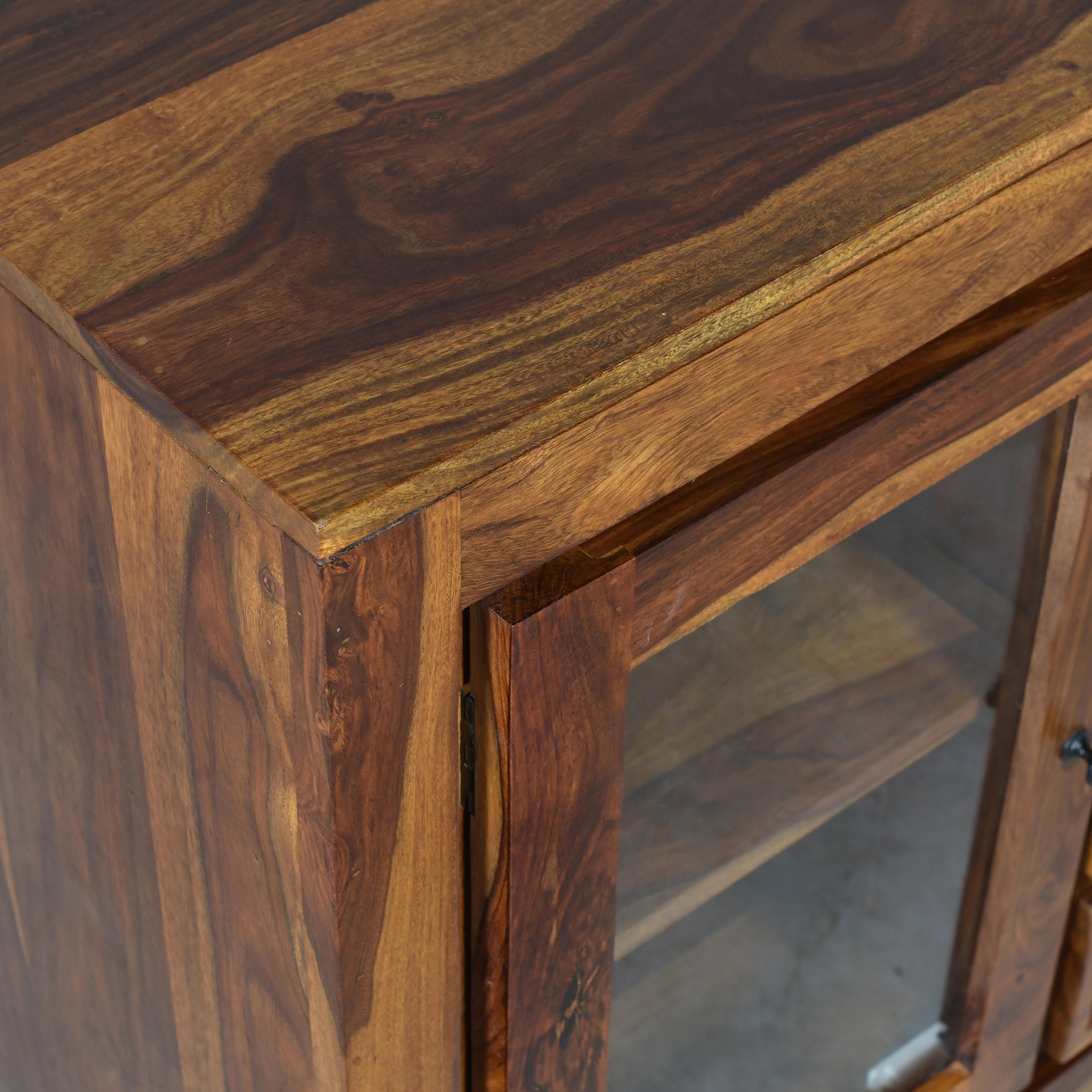 Tile Glass Sheesham Wood Glass Sideboard with wooden tile fitted drawers and 2 glass doors