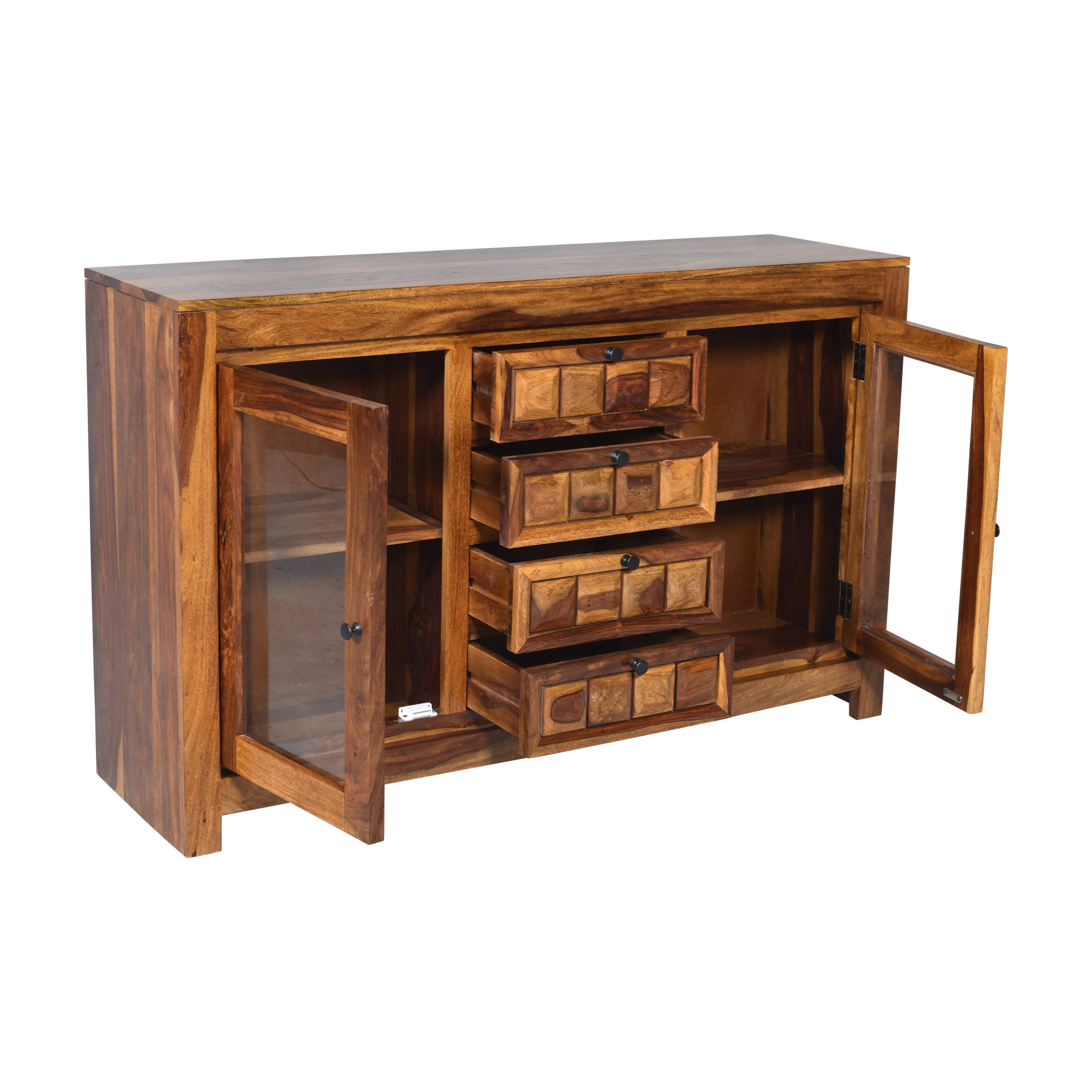 Tile Glass Sheesham Wood Glass Sideboard with wooden tile fitted drawers and 2 glass doors