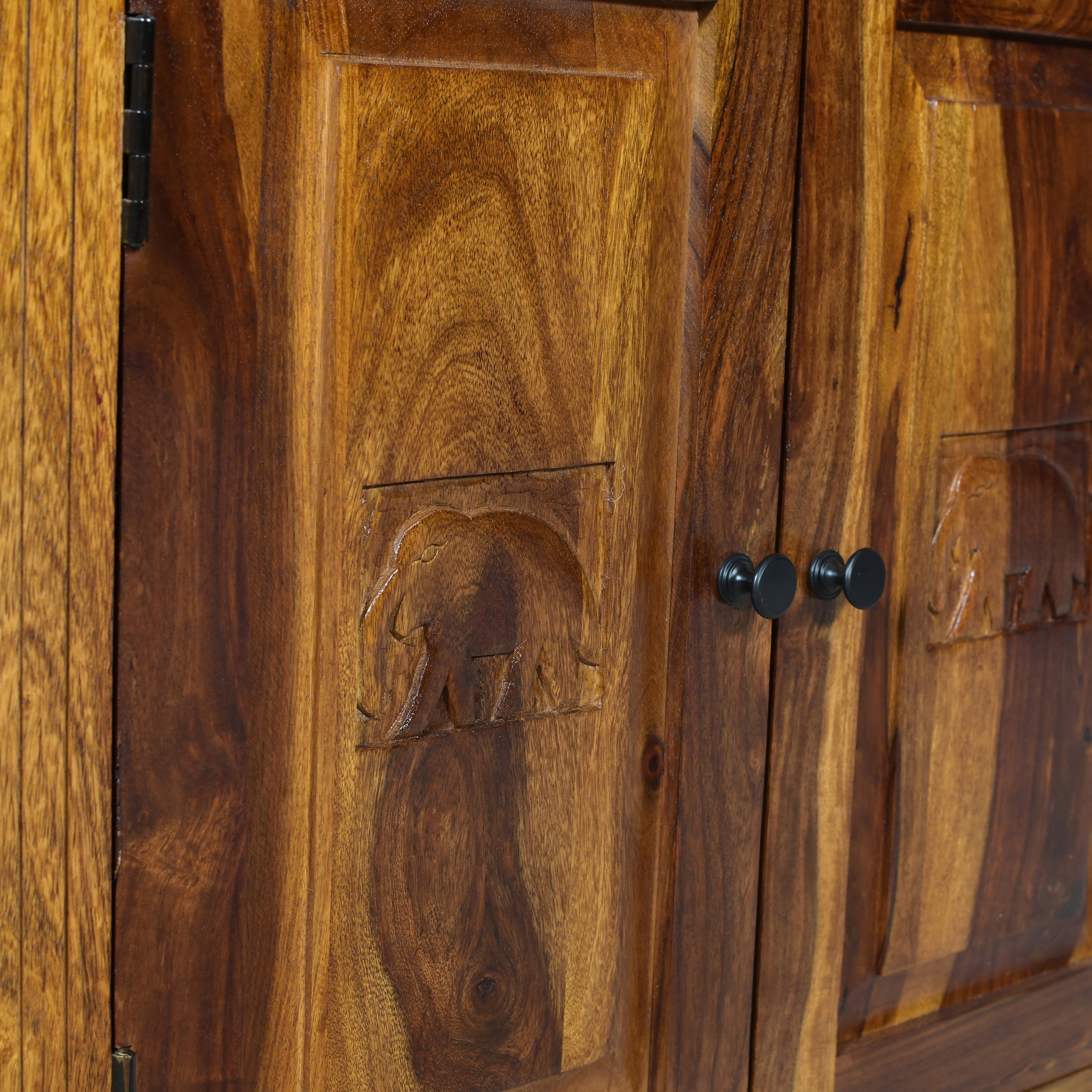 Elephant Sheesham Wood 3 Door Sideboard with elephant craving design