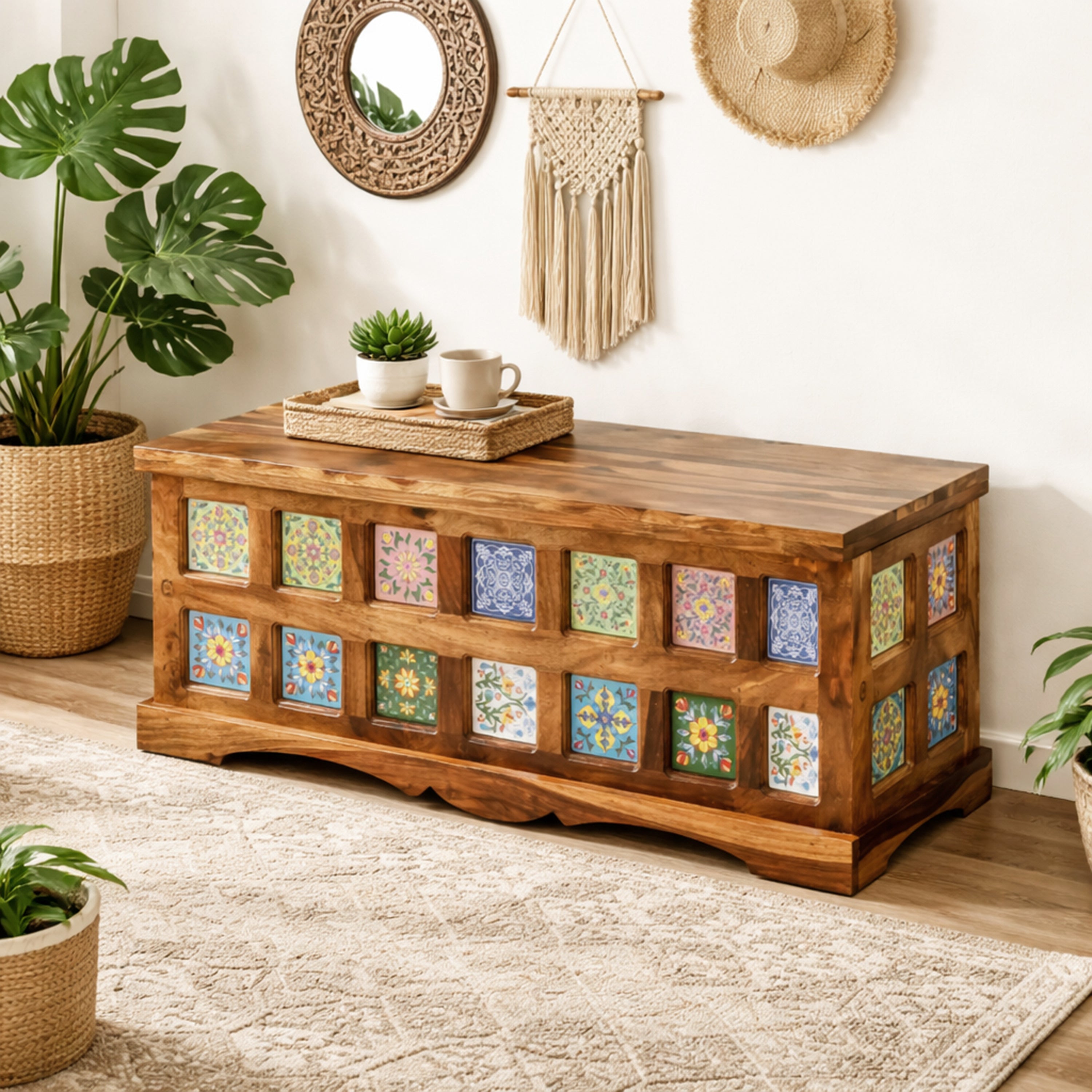 Handcrafted Solid Wood Storage Trunk with Decorative Ceramic Tile Accents