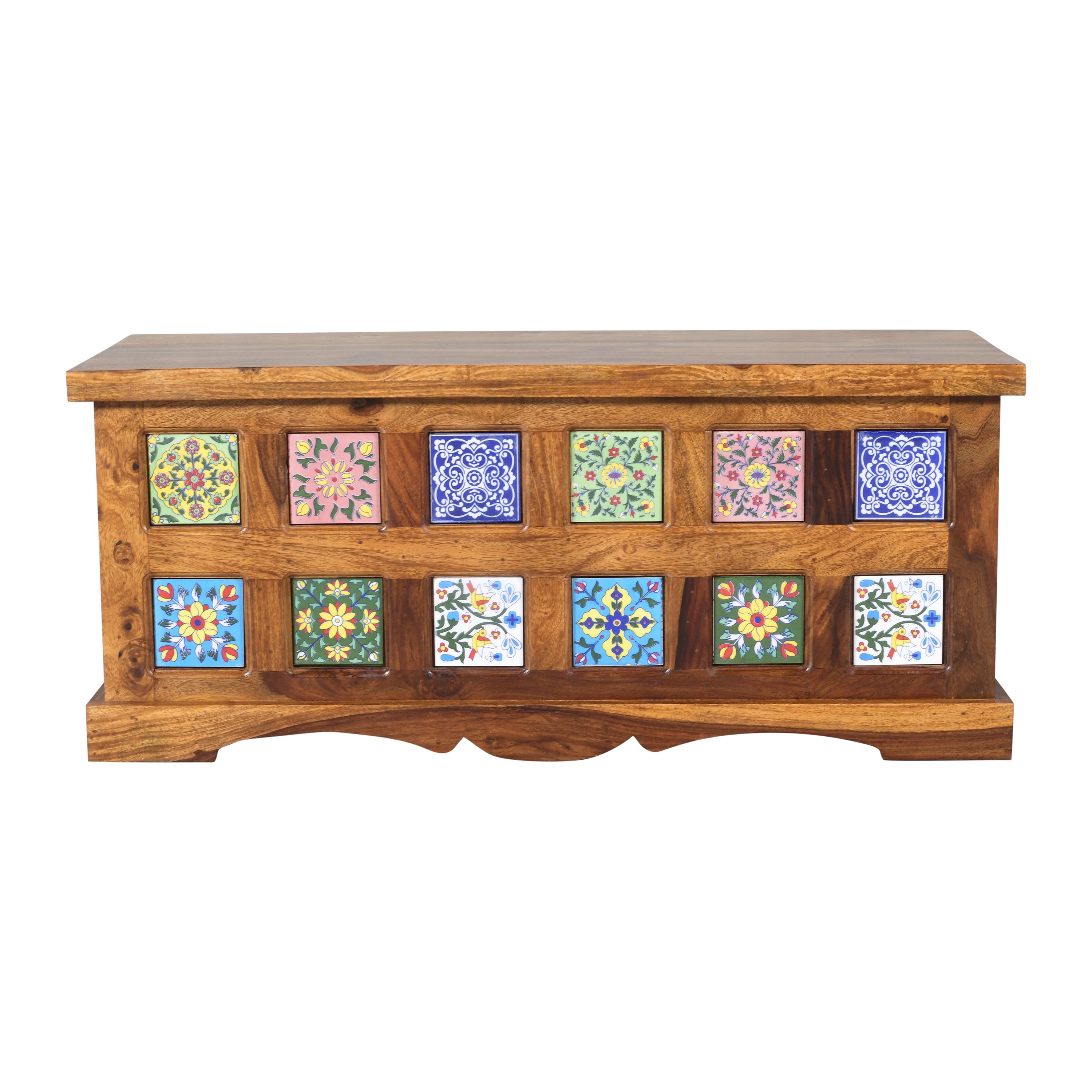 Handcrafted Solid Wood Center Table Siramika Trunk Box with Decorative Siramika Tile