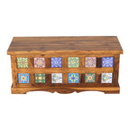 Handcrafted Solid Wood Center Table Siramika Trunk Box with Decorative Siramika Tile