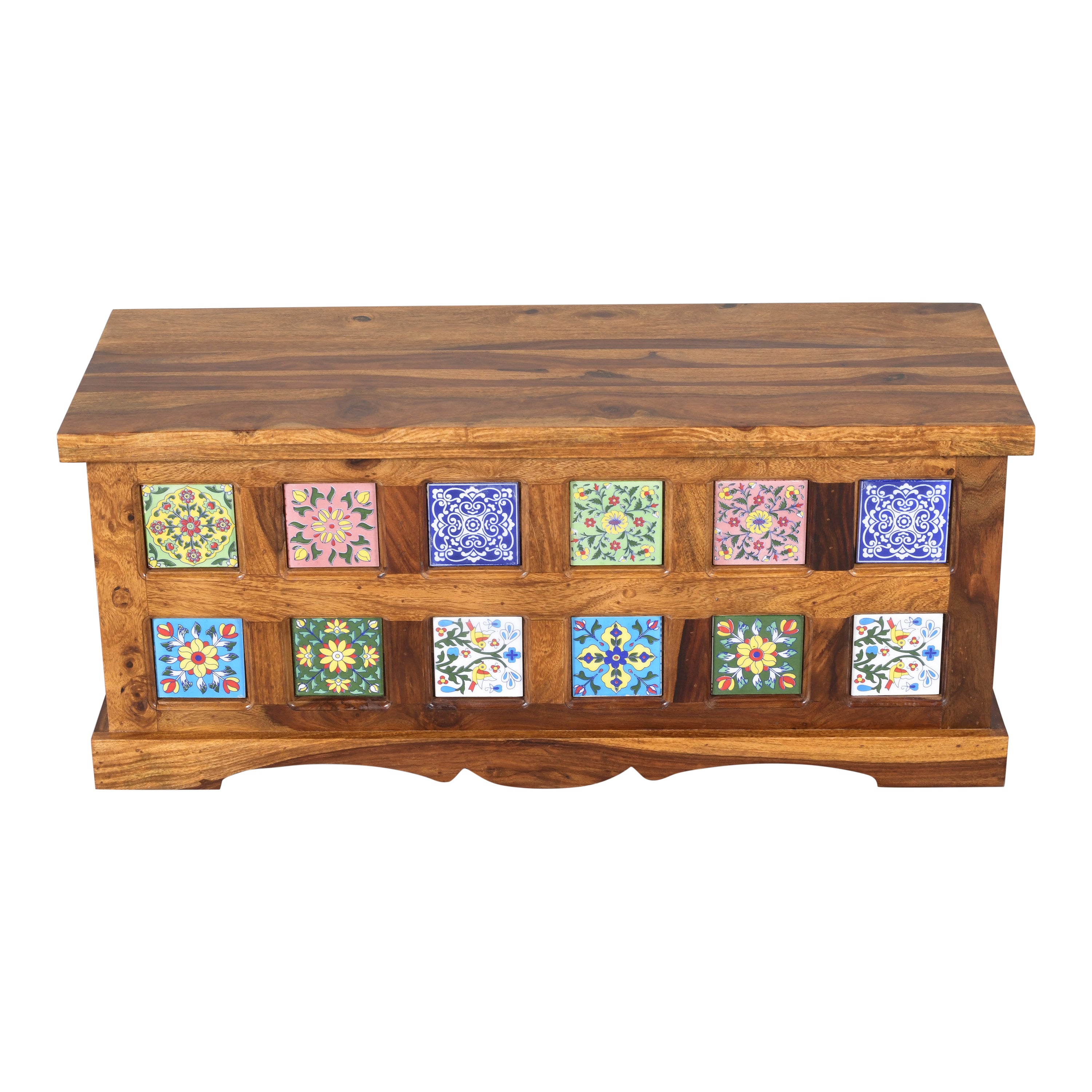 Handcrafted Solid Wood Storage Trunk with Decorative Ceramic Tile Accents