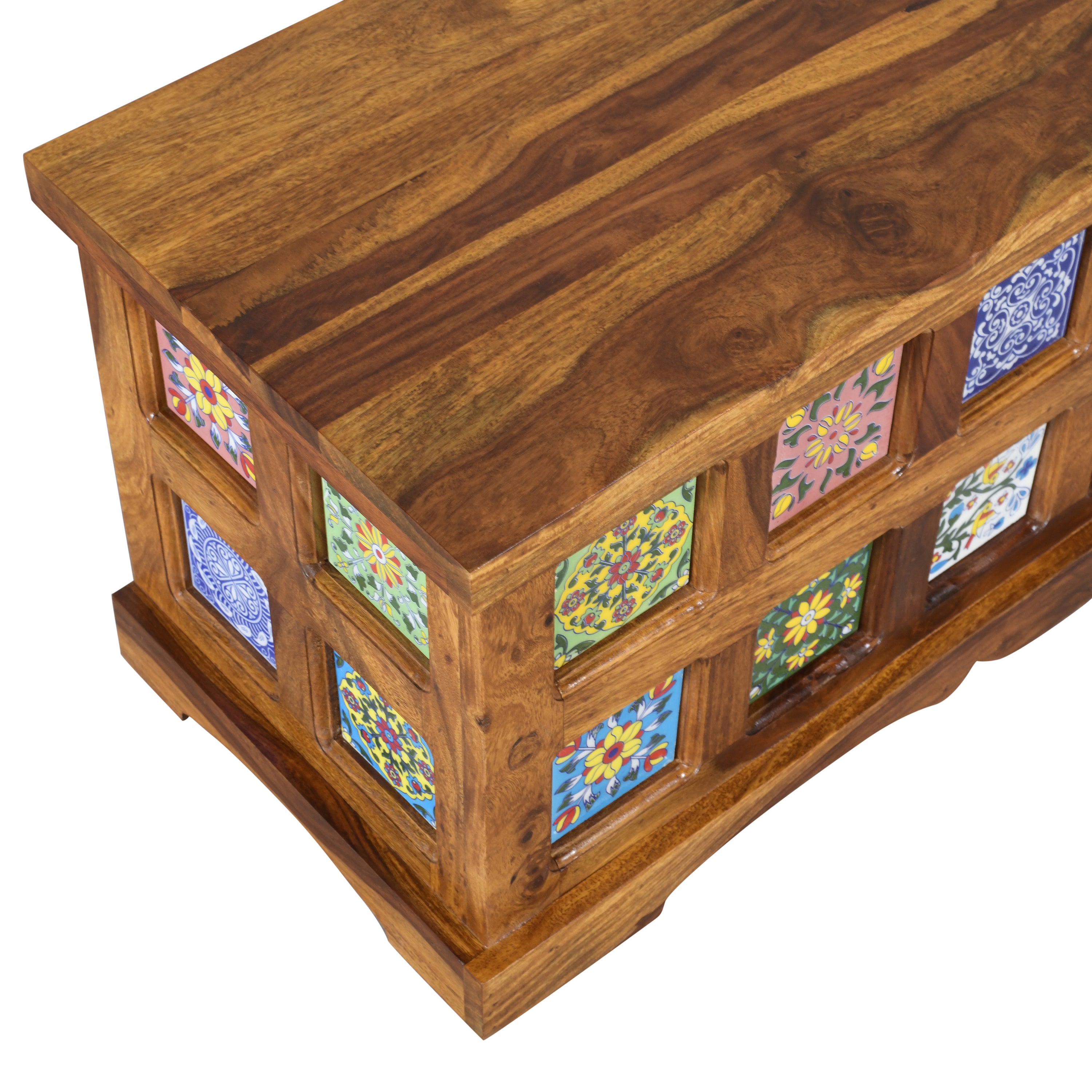 Handcrafted Solid Wood Storage Trunk with Decorative Ceramic Tile Accents