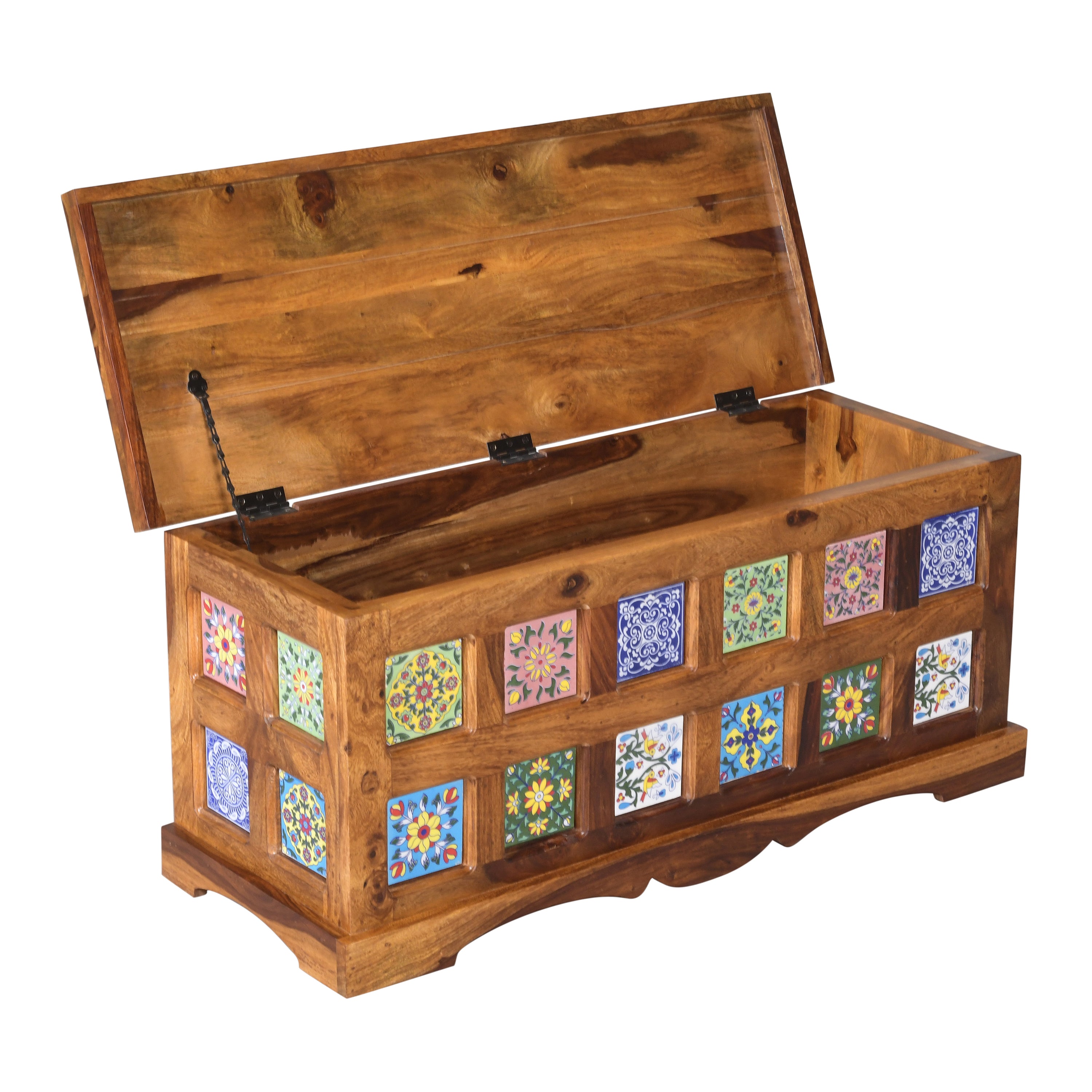 Handcrafted Solid Wood Storage Trunk with Decorative Ceramic Tile Accents