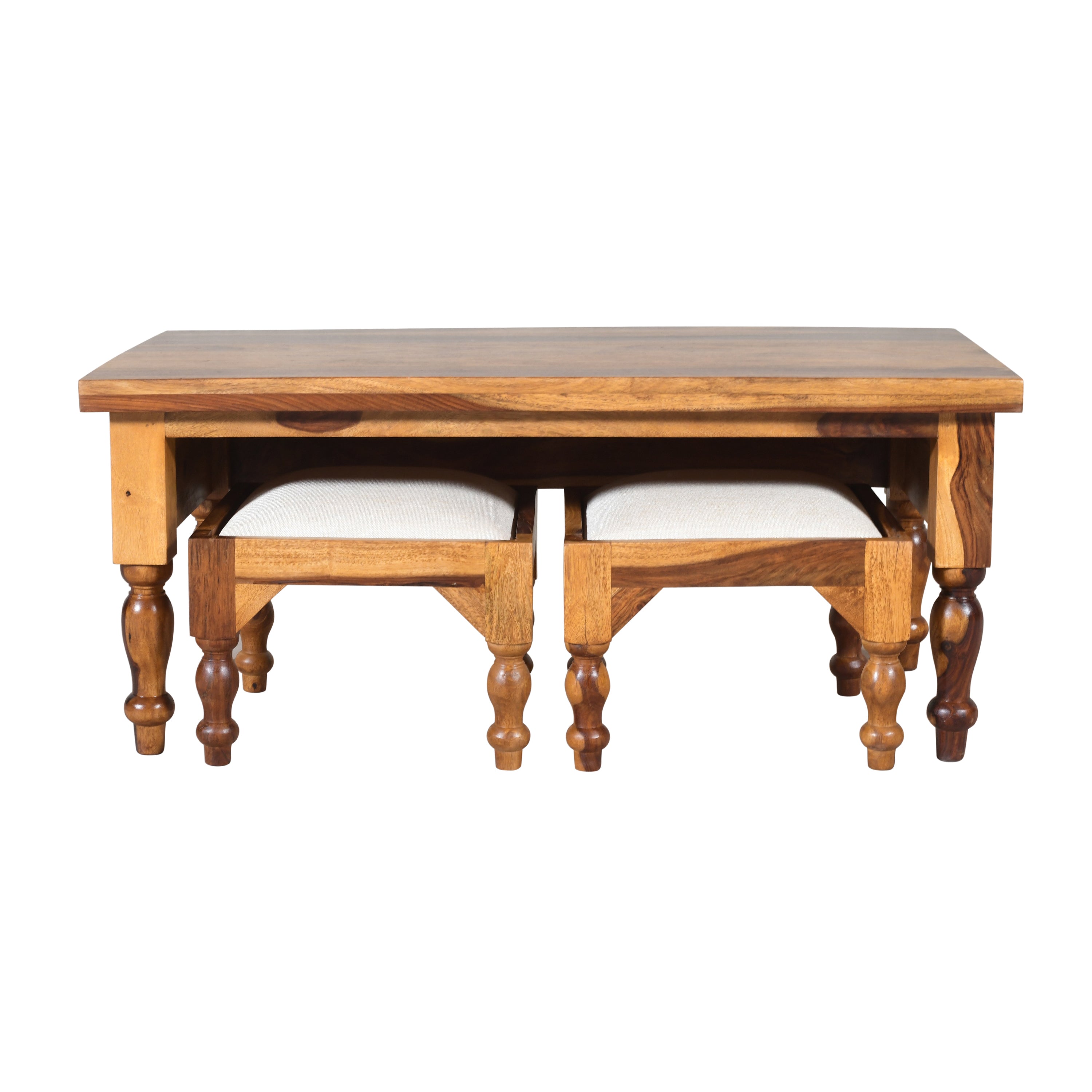 Handcrafted Solid Wood Coffee Table with Nested Stools And Ceramic Tile