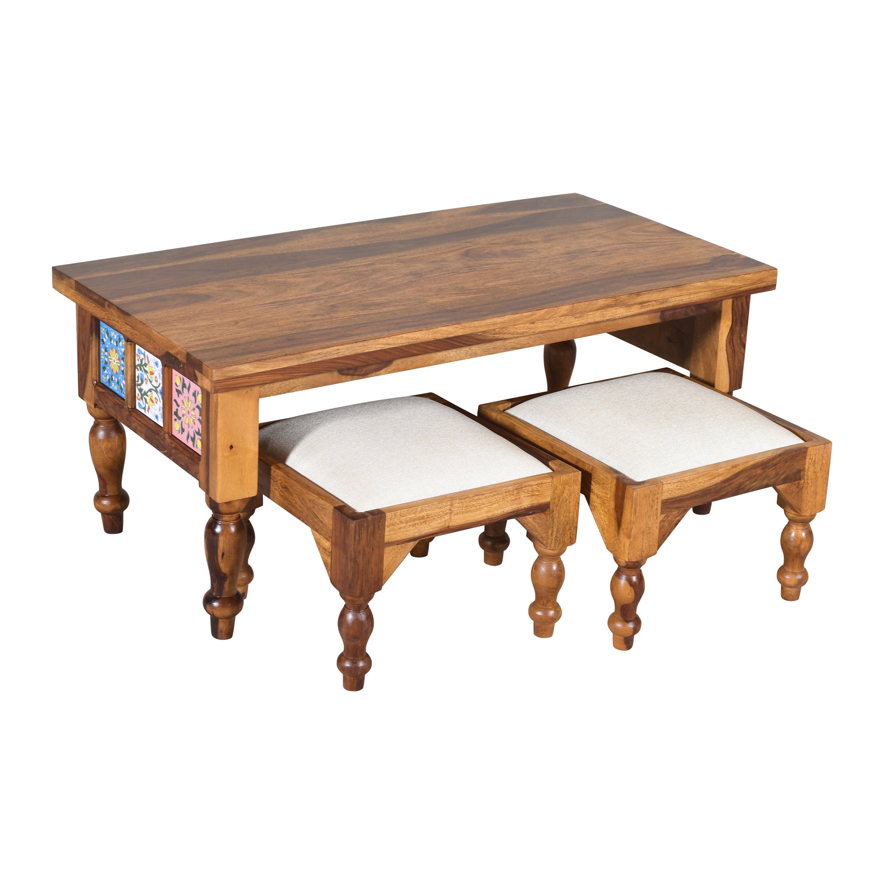 Handcrafted Solid Wood Coffee Table with Nested Stools And Ceramic Tile