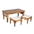 Handcrafted Solid Wood Coffee Table with Nested Stools And Ceramic Tile