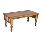 Handcrafted Solid Wood Coffee Table with Nested Stools And Ceramic Tile