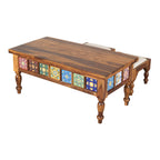 Handcrafted Solid Wood Coffee Table with Nested Stools And Ceramic Tile
