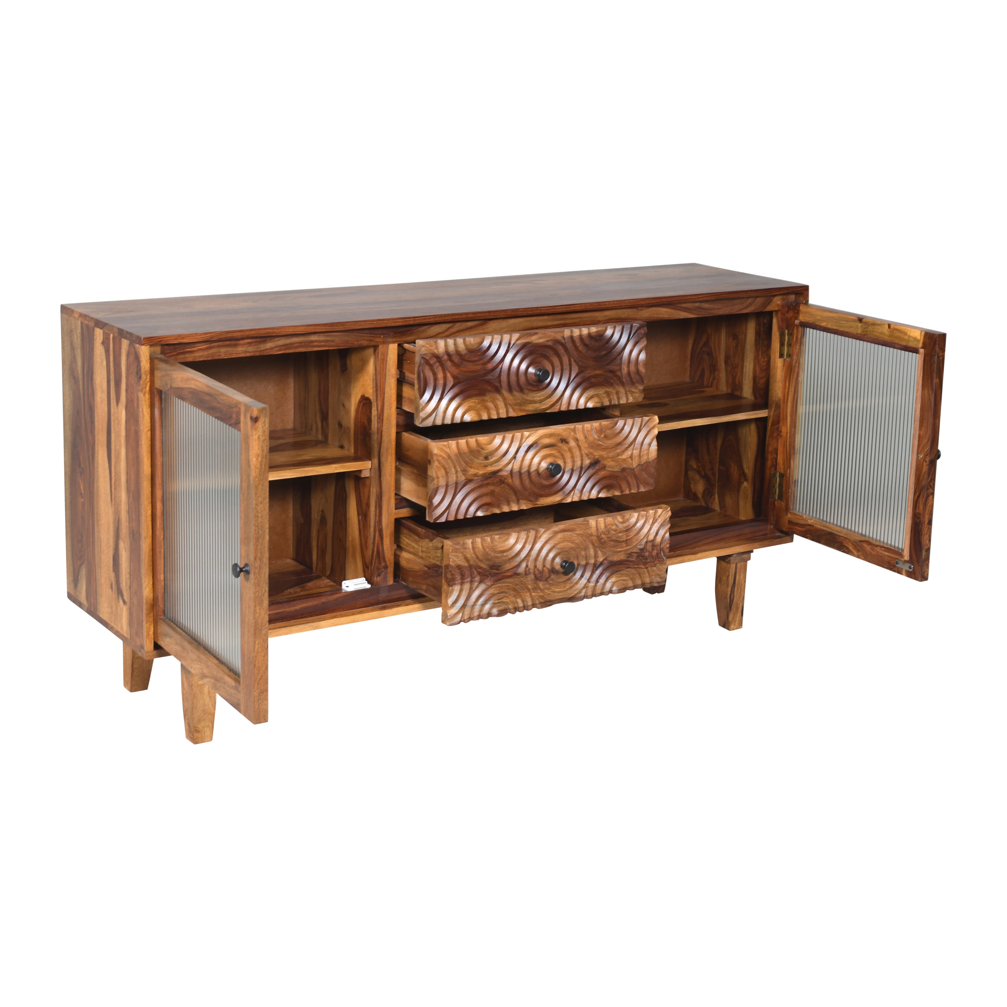 Sideboard Wave Sheesham Wood sidebaord with texture glass and craving design drawers
