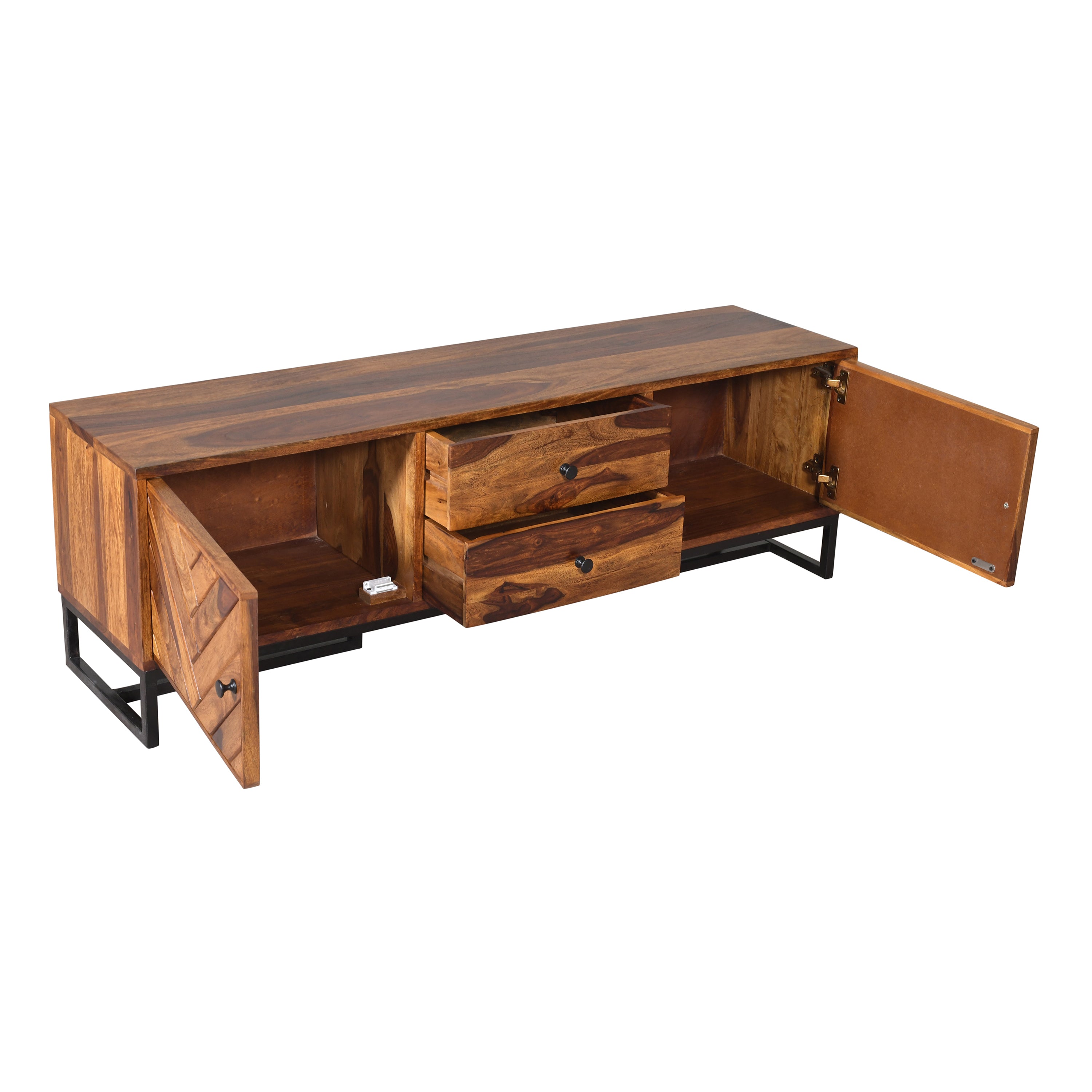 V Cross Tv unit sheesham tv unit with iron stnad legs (honey finish)