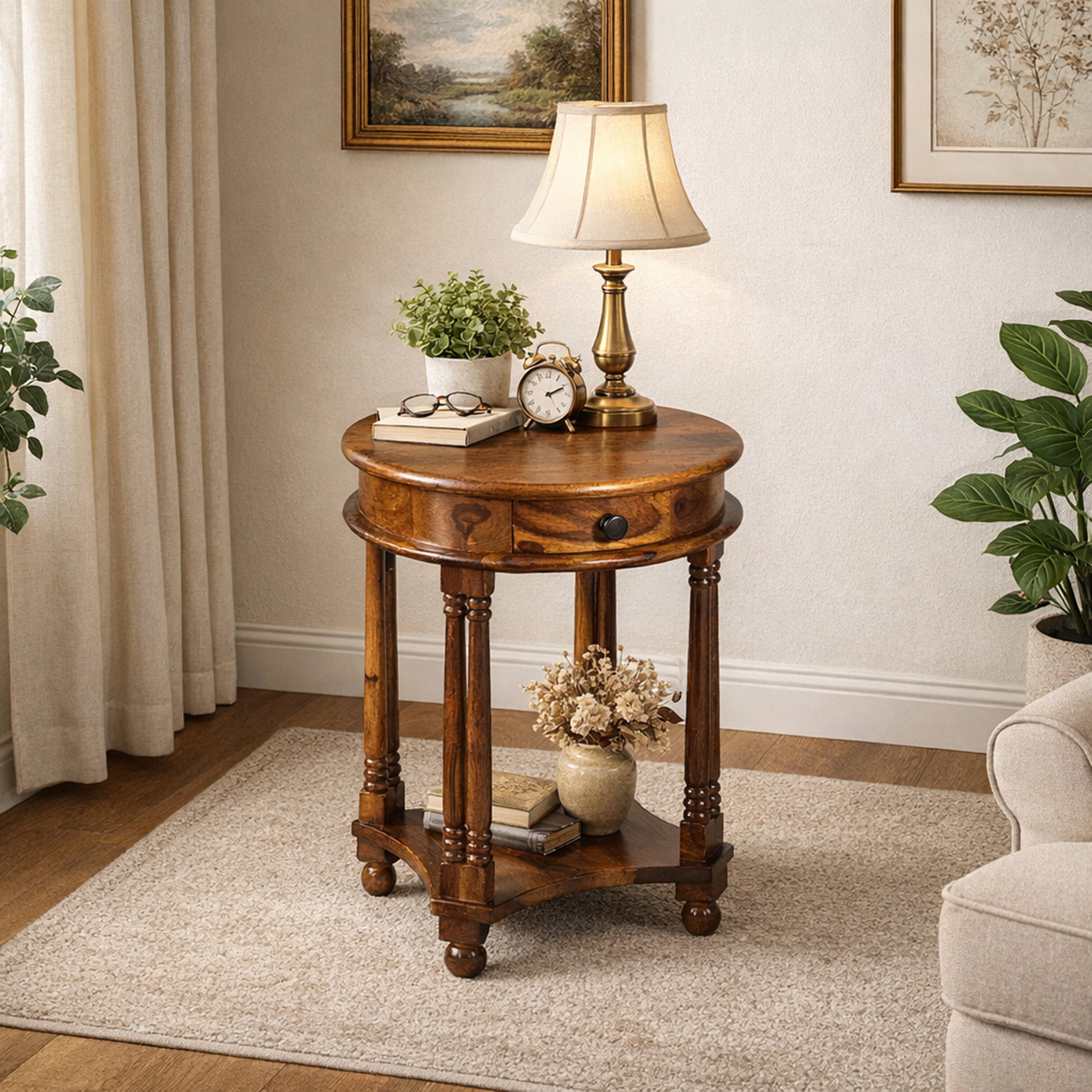Round Sheesham Wood Side Table
