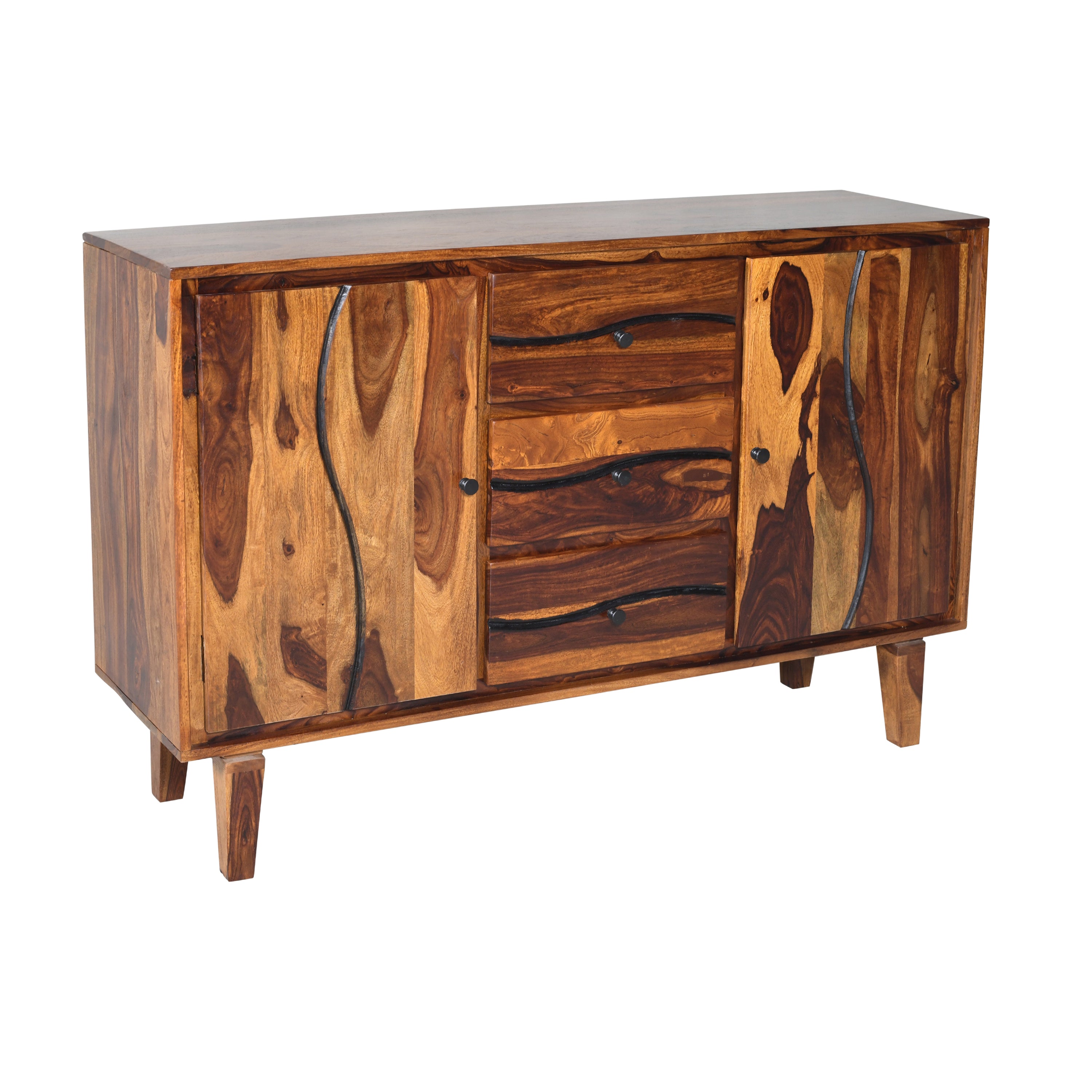 Roli Sheesham Wood Sideboard Cabinet with wood craving S design