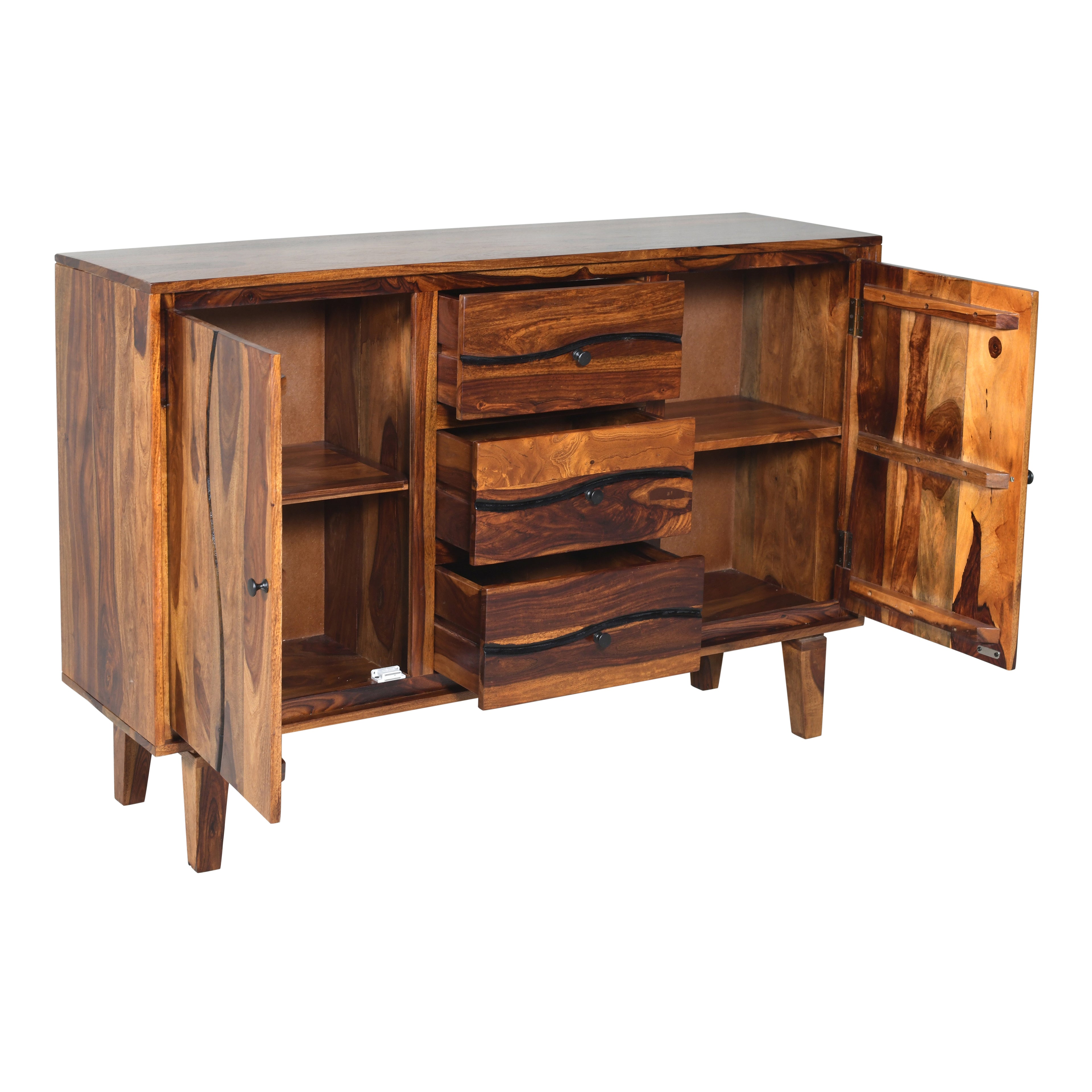 Roli Sheesham Wood Sideboard Cabinet with wood craving S design