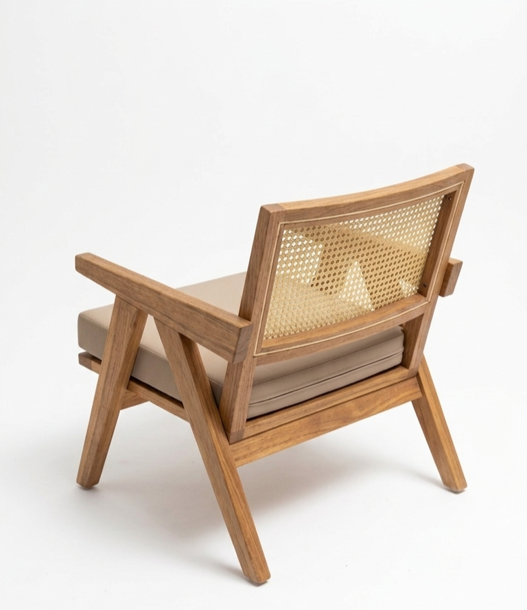 Solid Wood Accent Lounge Chair With Woven Cane Backrest