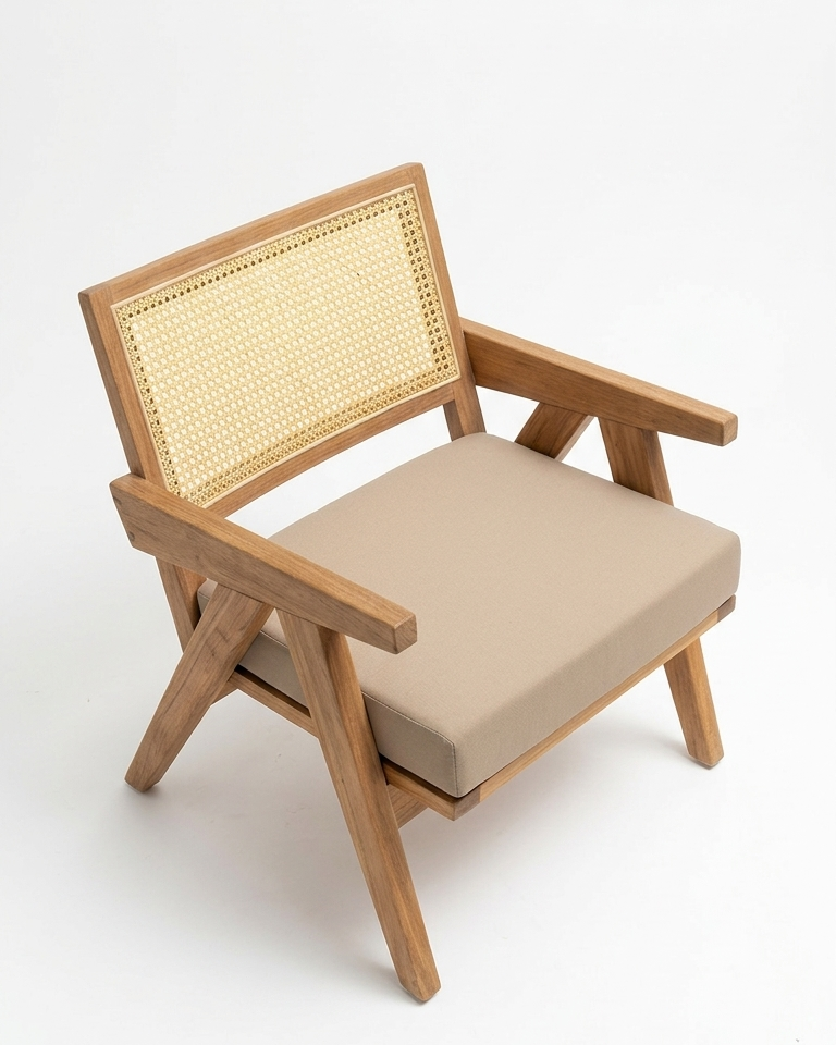 Solid Wood Accent Lounge Chair With Woven Cane Backrest