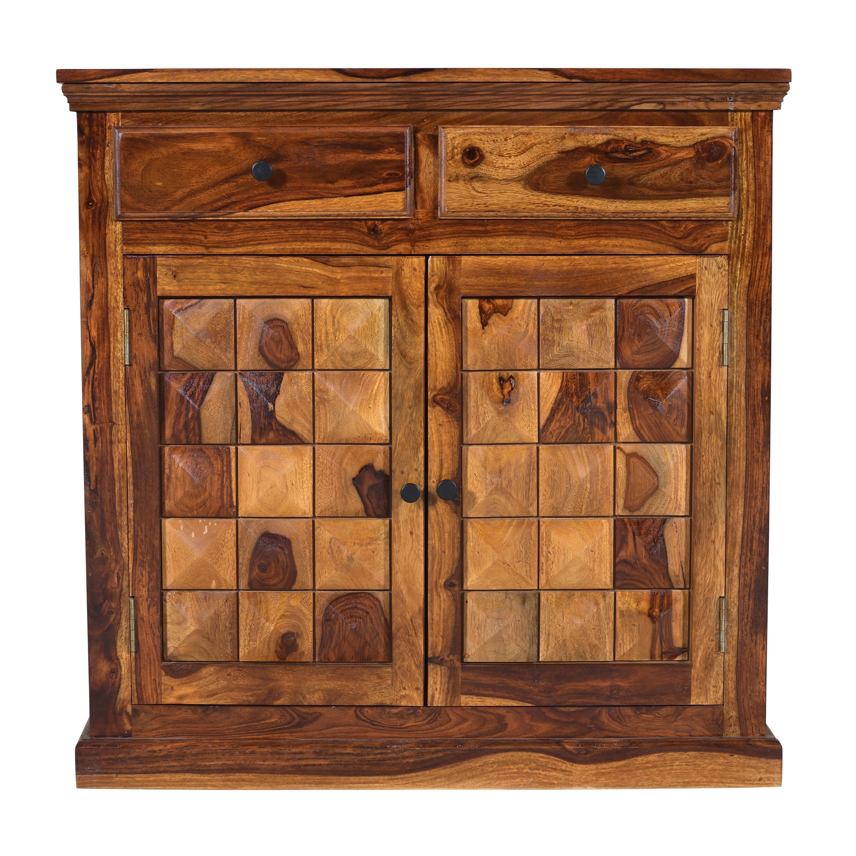 Solid Wood Storage Cabinet with Drawer & Geometric Panel Doors