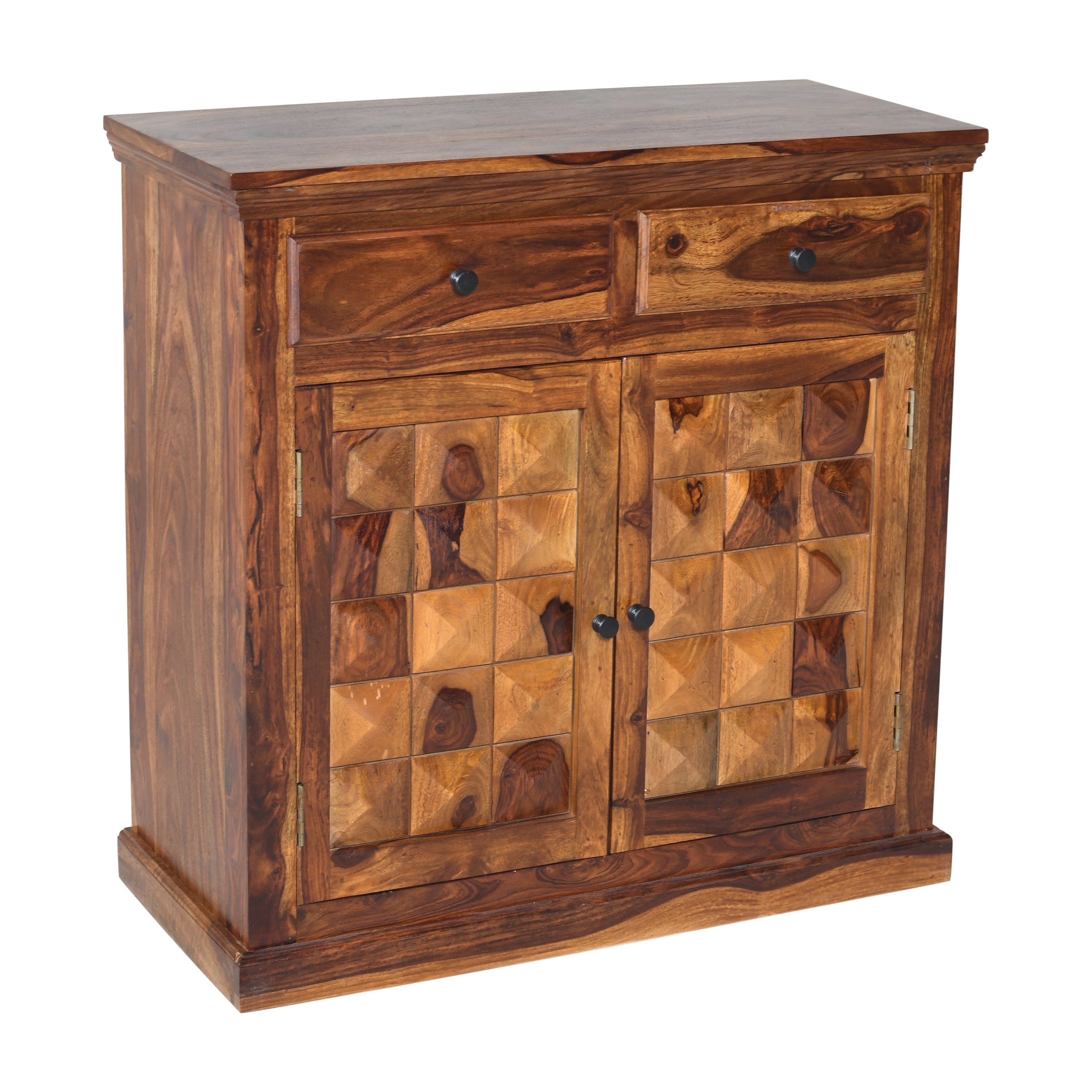 Solid Wood Storage Cabinet with Drawer & Geometric Panel Doors