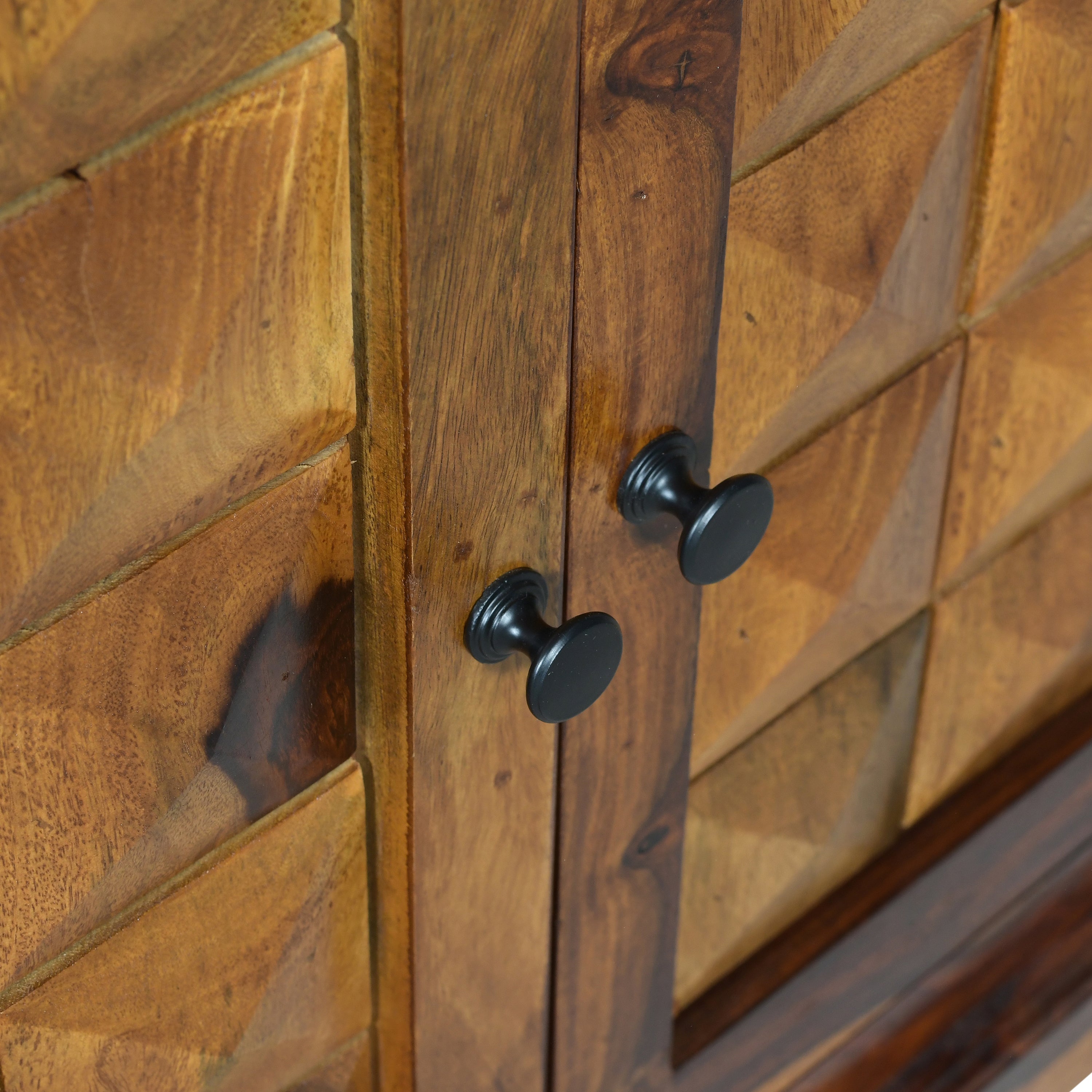 Solid Wood Storage Cabinet with Drawer & Geometric Panel Doors