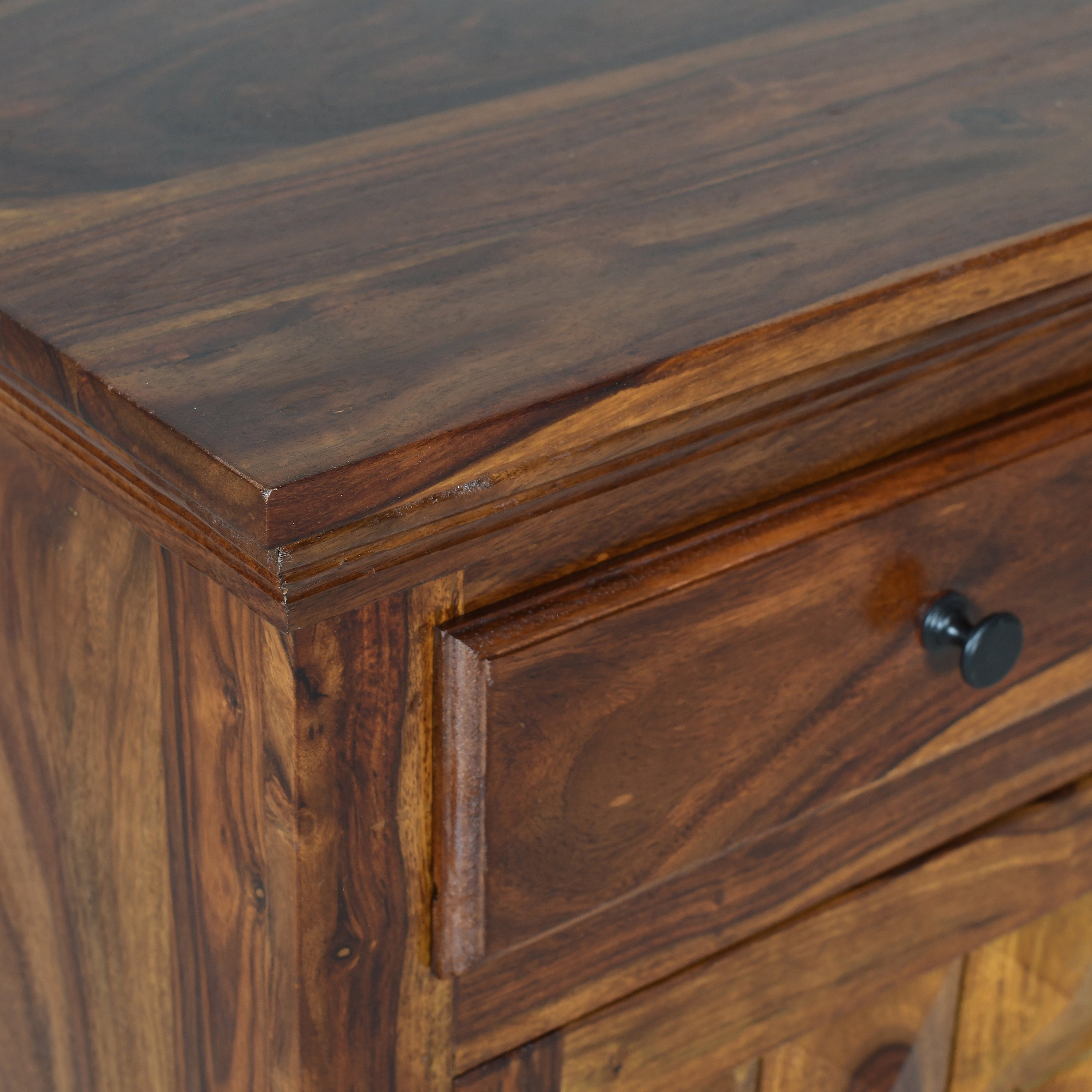 Solid Wood Storage Cabinet with Drawer & Geometric Panel Doors