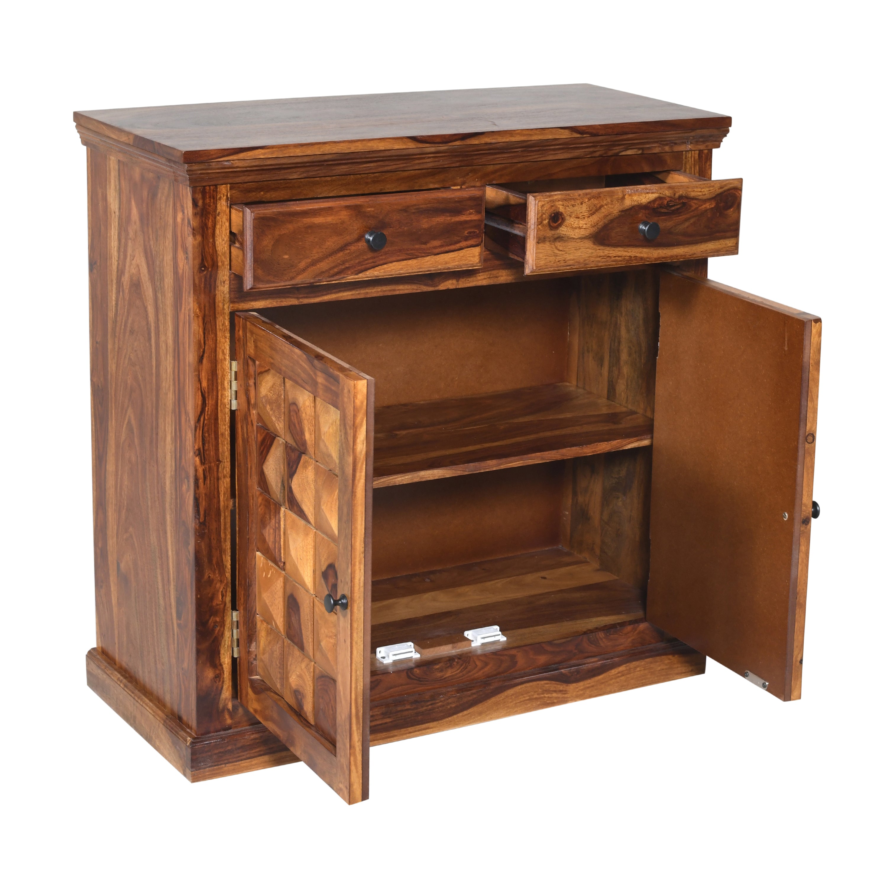 Solid Sheesham Wood Shoerack Diamond design with 2 diamond fitted doors and drawers
