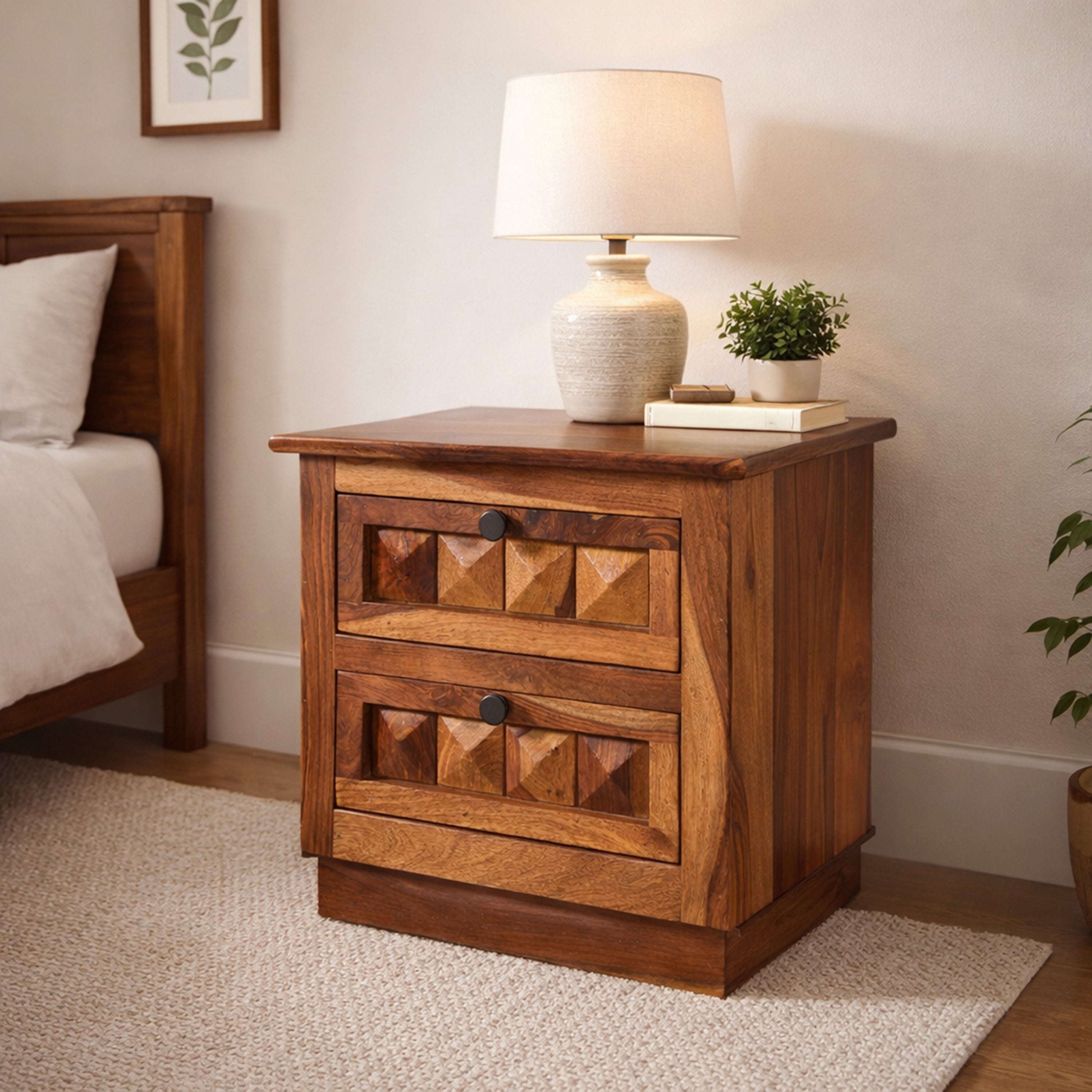 bed side diamond sheesham Wood 2 Drawer Bedside