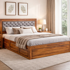 Head Cushion Solid Sheesham Wood Bed with Upholstered Cushion Headboard (HONEY FINISH)