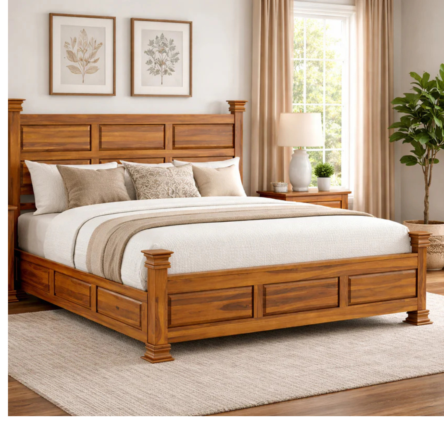 Solid Sheesham Wood Bed with Classic Pillar Design