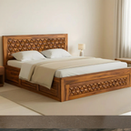 Pyramid Solid Sheesham Wood Bed with Pyramid Carved Headboard