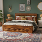Diamond Solid Sheesham Wood Bed with Diamond Carved Headboard and Drawer Storage