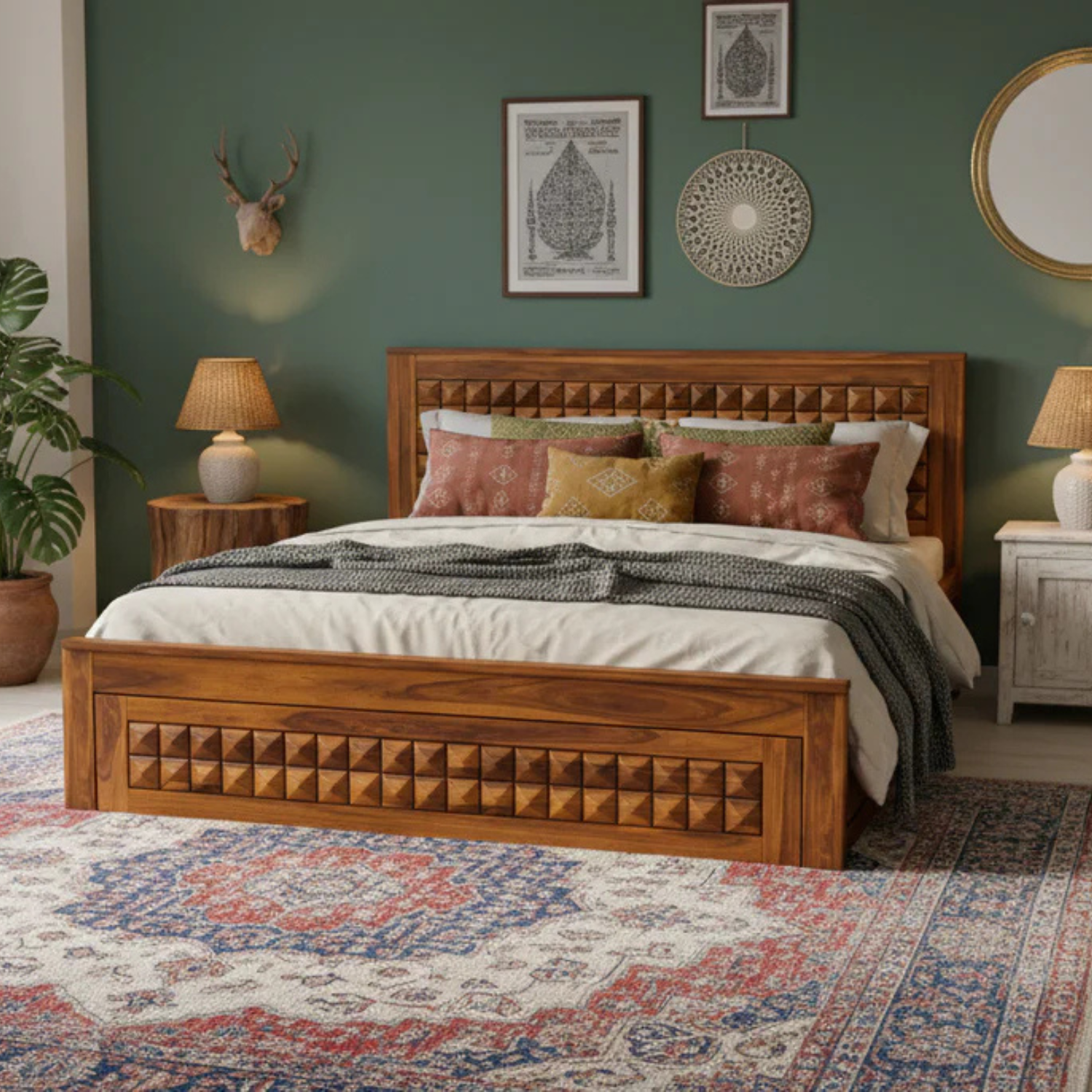 Diamond Solid Sheesham Wood Bed with Diamond Carved Headboard and Drawer Storage