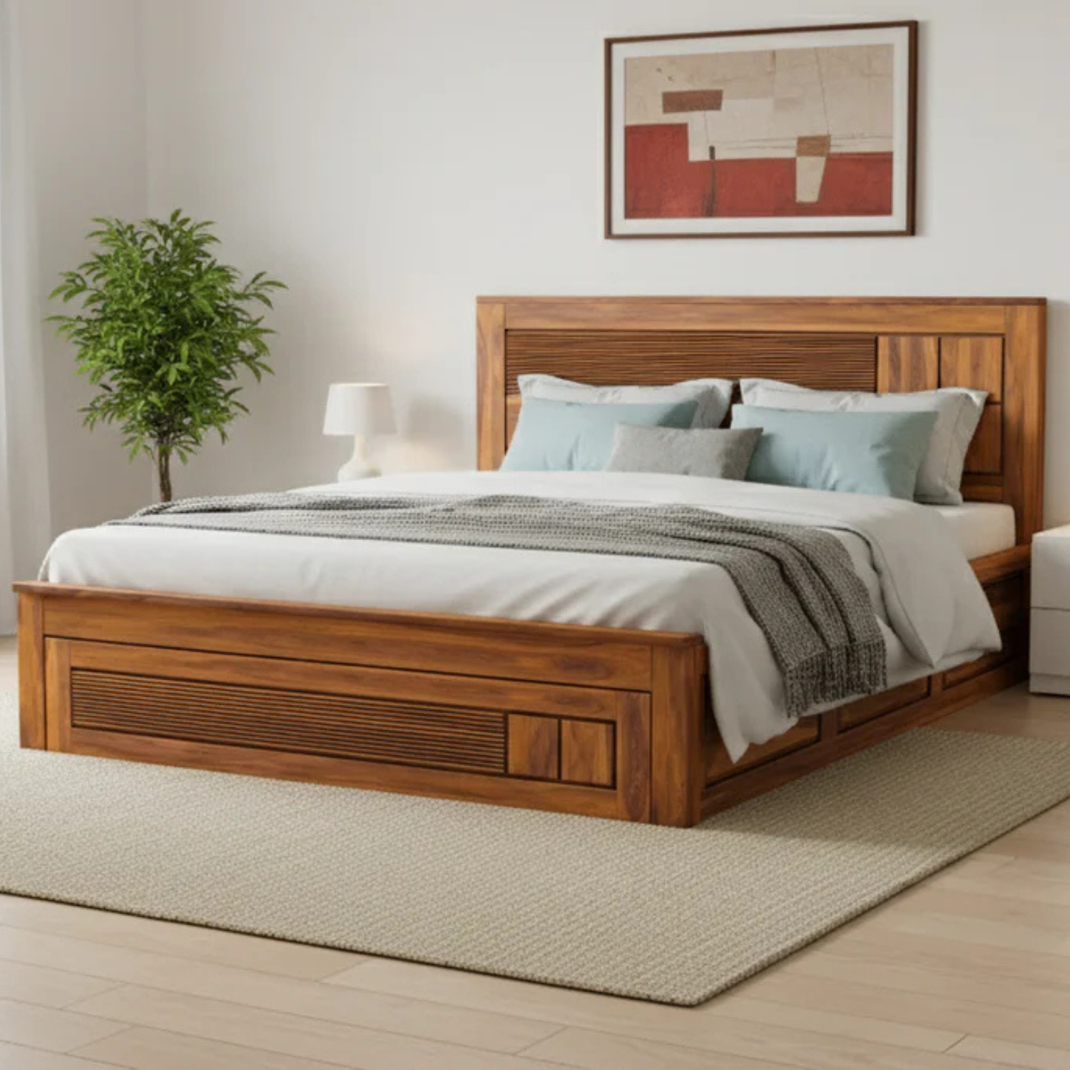 4 Squar Solid Sheesham Wood Bed with Modern Slatted Square Design and Drawer Storage