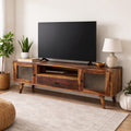Flow glass Solid Wood TV Unit with Ribbed Glass Doors & Drawer Storage