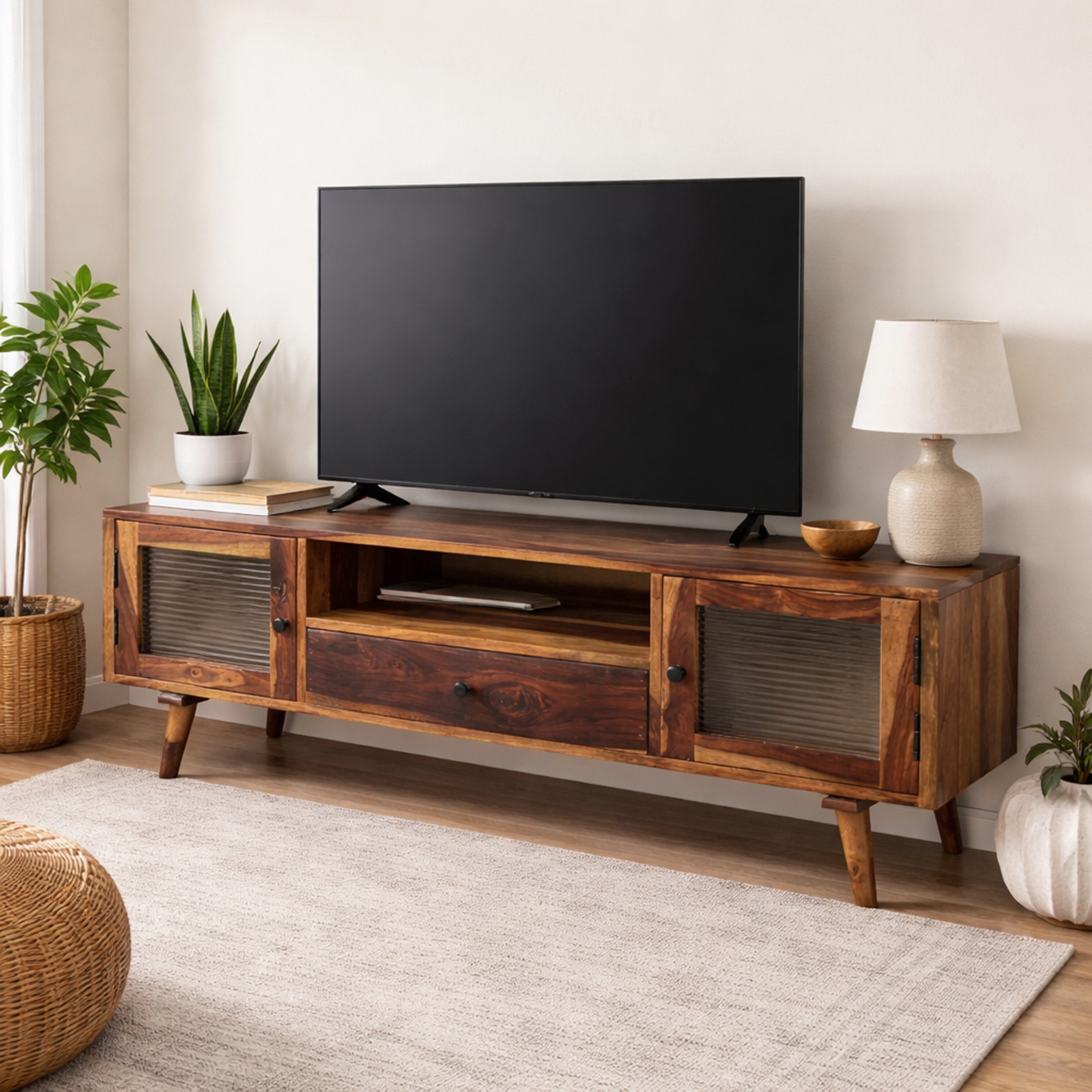 Solid Wood TV Unit with Ribbed Glass Doors & Drawer Storage