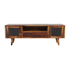 Flow glass Solid Wood TV Unit with Ribbed Glass Doors & Drawer Storage