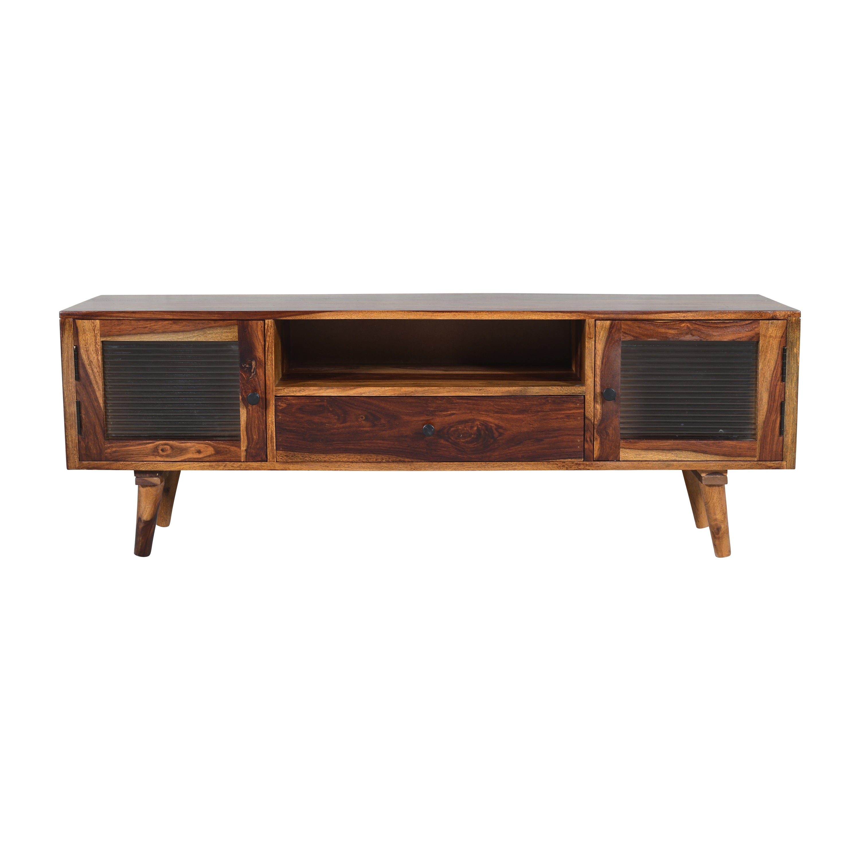 Solid Wood TV Unit with Ribbed Glass Doors & Drawer Storage