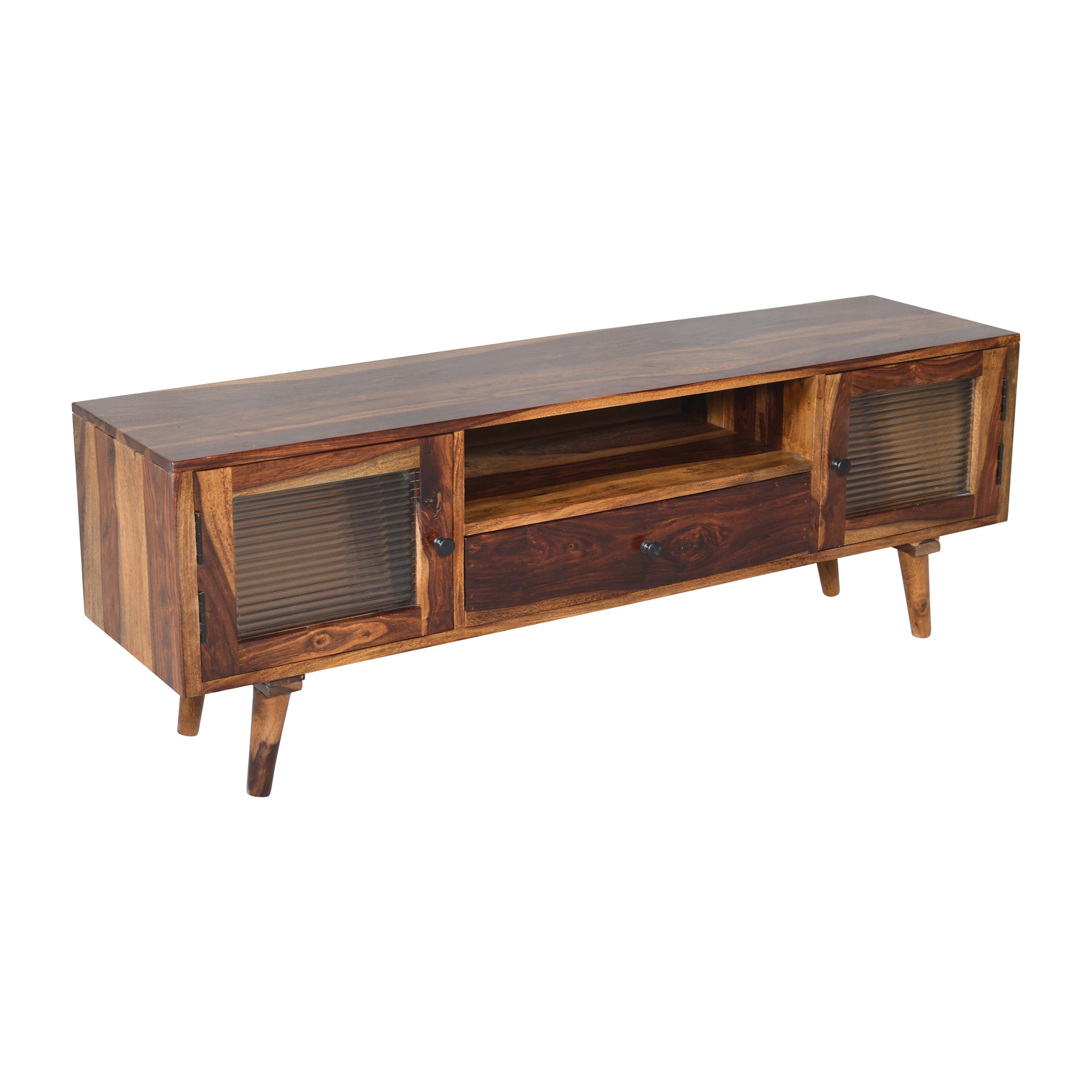 Solid Wood TV Unit with Ribbed Glass Doors & Drawer Storage