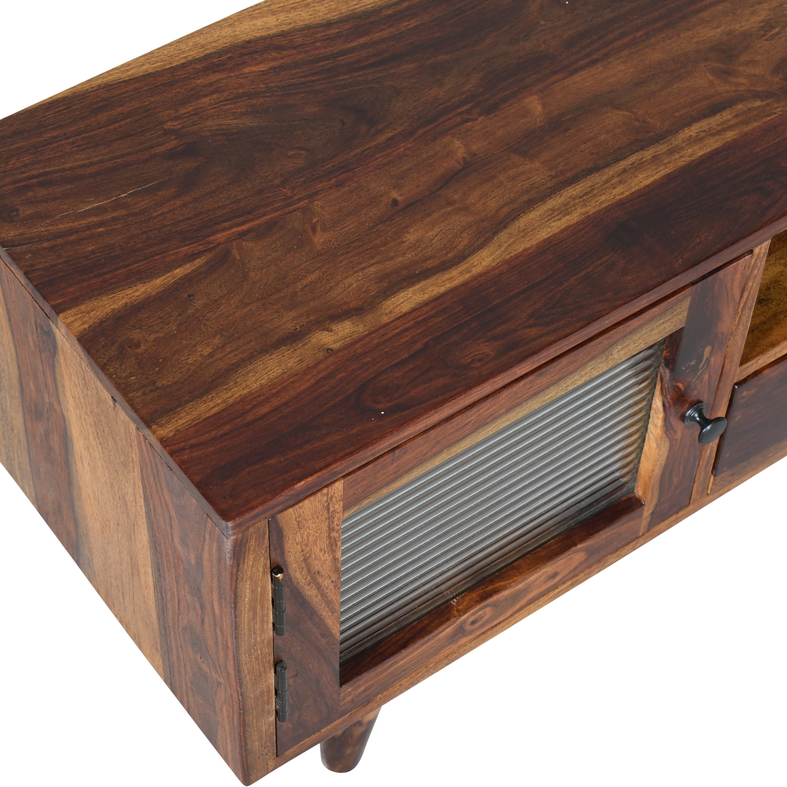 Solid Wood TV Unit with Ribbed Glass Doors & Drawer Storage