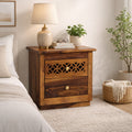 Wooden flower Sheesham Wood bed side with CNC cutting drawers