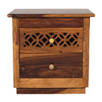 Wooden flower Sheesham Wood bed side with CNC cutting drawers