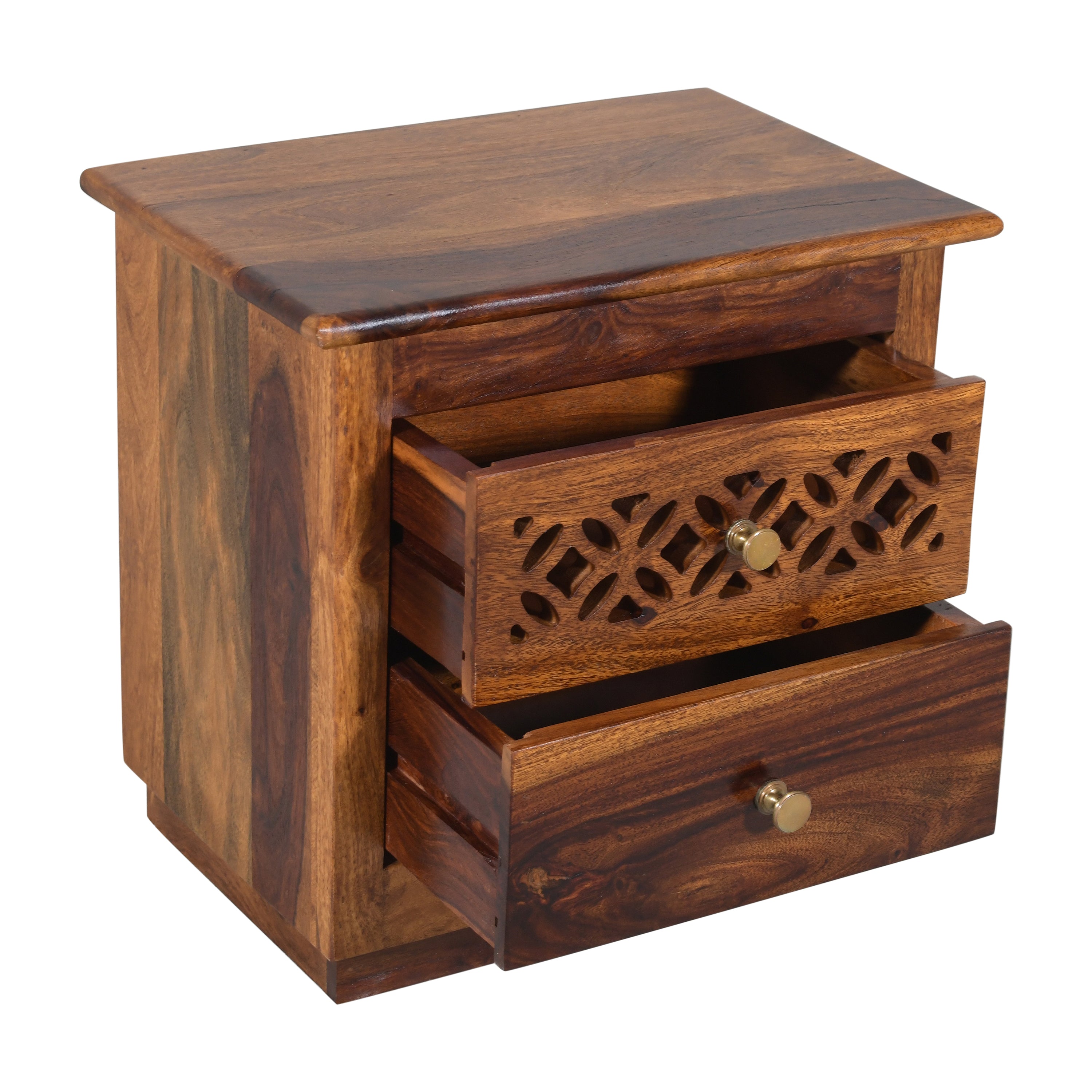 Wooden flower Sheesham Wood bed side with CNC cutting drawers