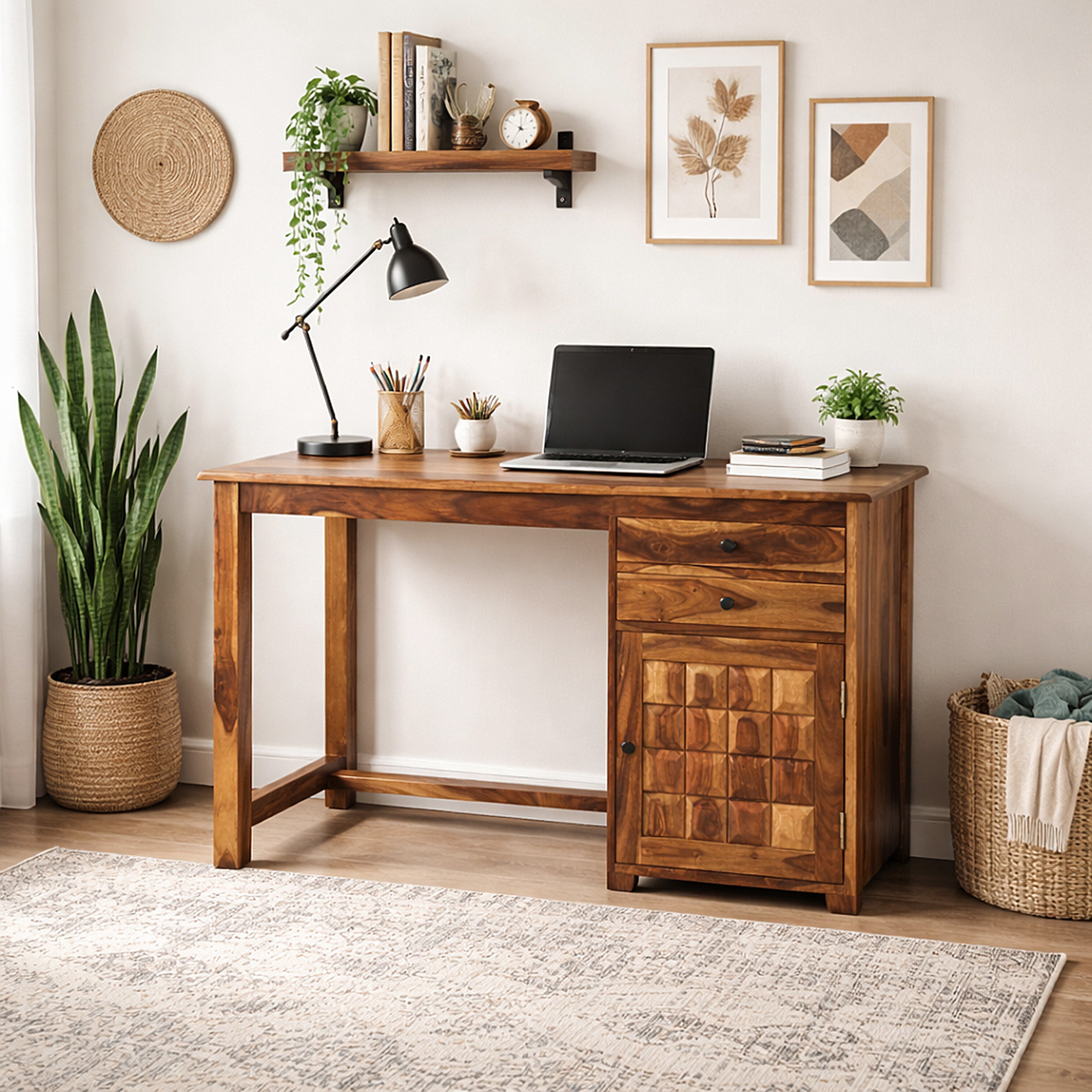 Solid Sheesham Wood Study Table with 2 Drawers & Cabinet