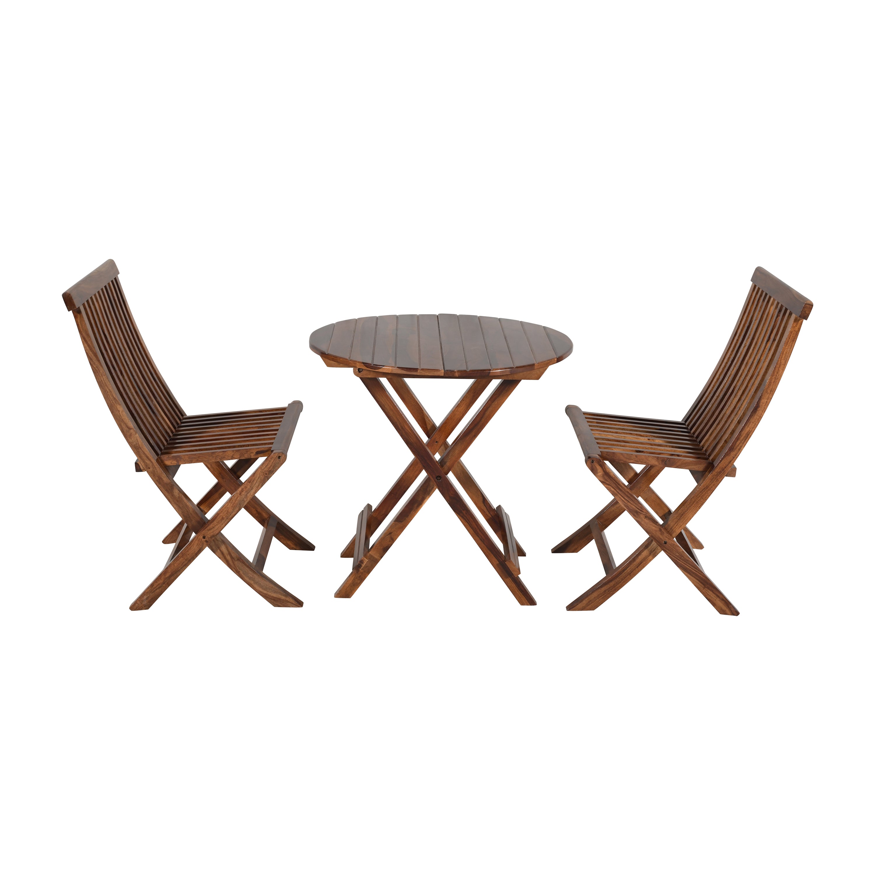 Solid Sheesham Wood 2-Seater Round Folding Bistro Table Set with Chairs
